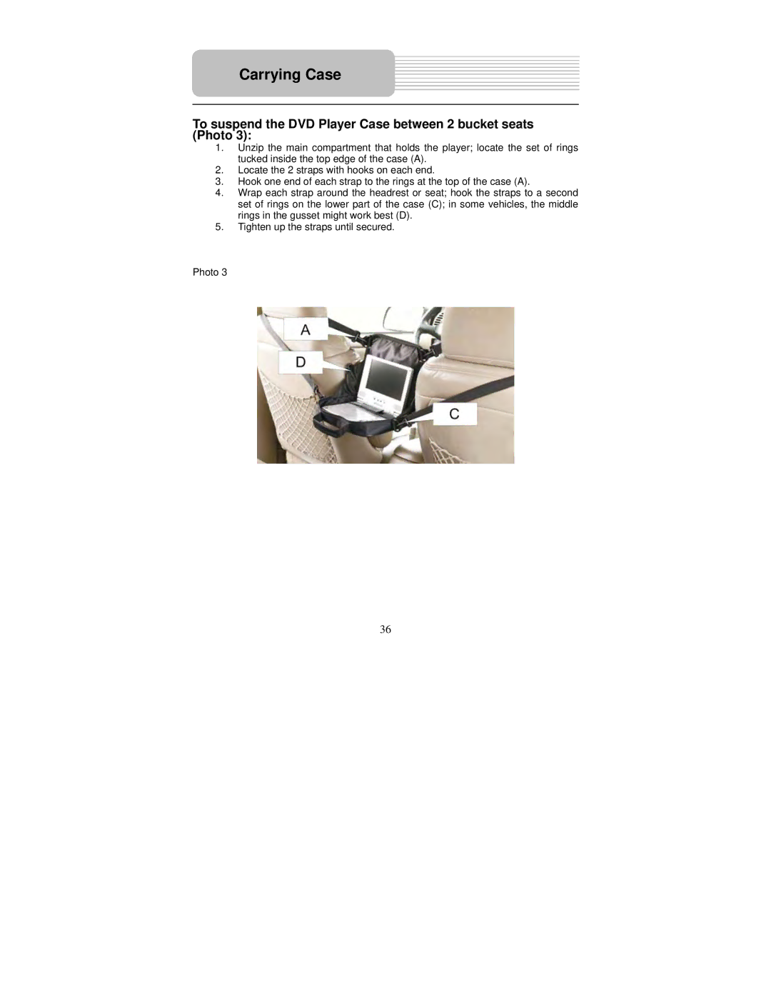 Polaroid PDU-0832DS user manual To suspend the DVD Player Case between 2 bucket seats Photo 