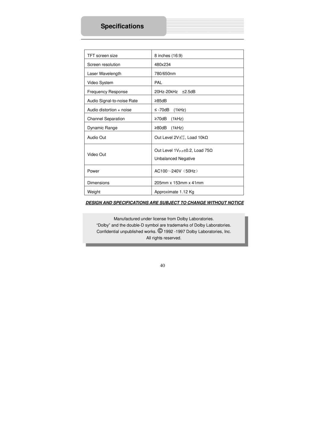 Polaroid PDU-0832DS user manual Specifications, Pal 