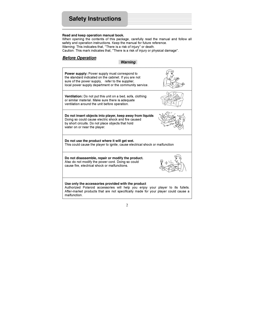 Polaroid PDU-1045 Safety Instructions, Before Operation, Do not insert objects into player, keep away from liquids 