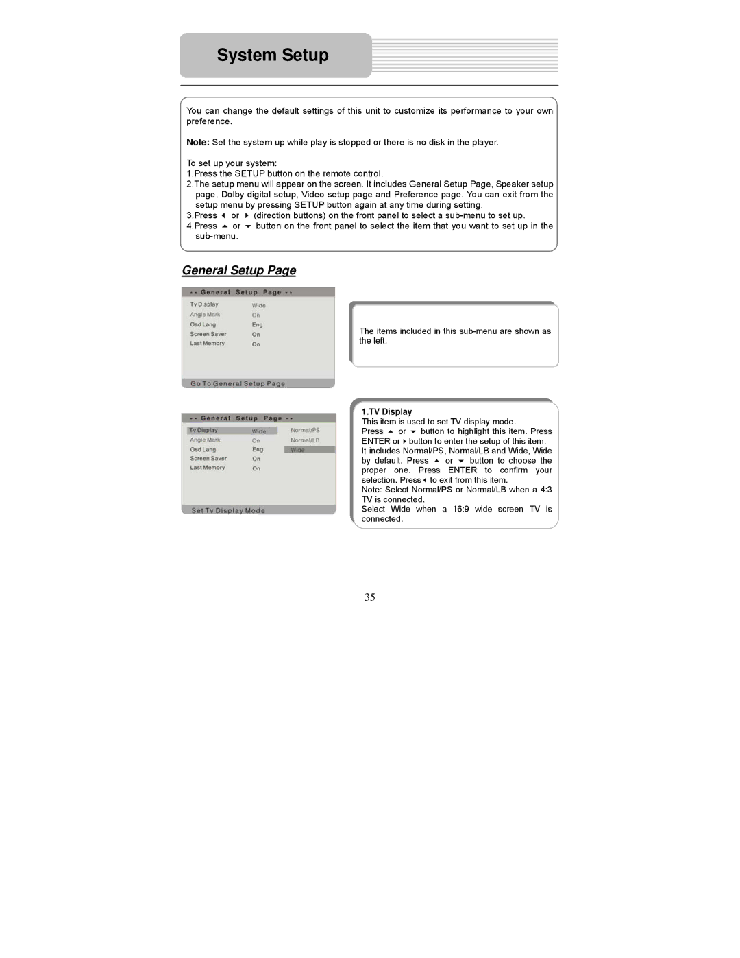 Polaroid PDU-1045 user manual System Setup, General Setup, TV Display 