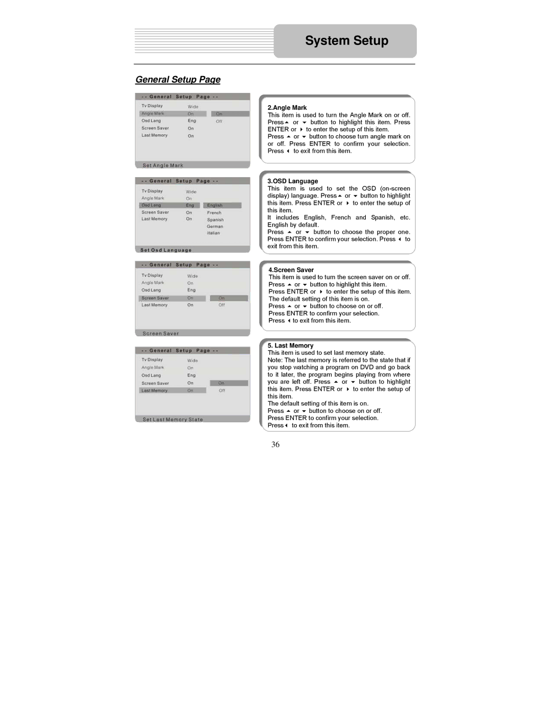 Polaroid PDU-1045 user manual Angle Mark, OSD Language, Screen Saver, Last Memory 