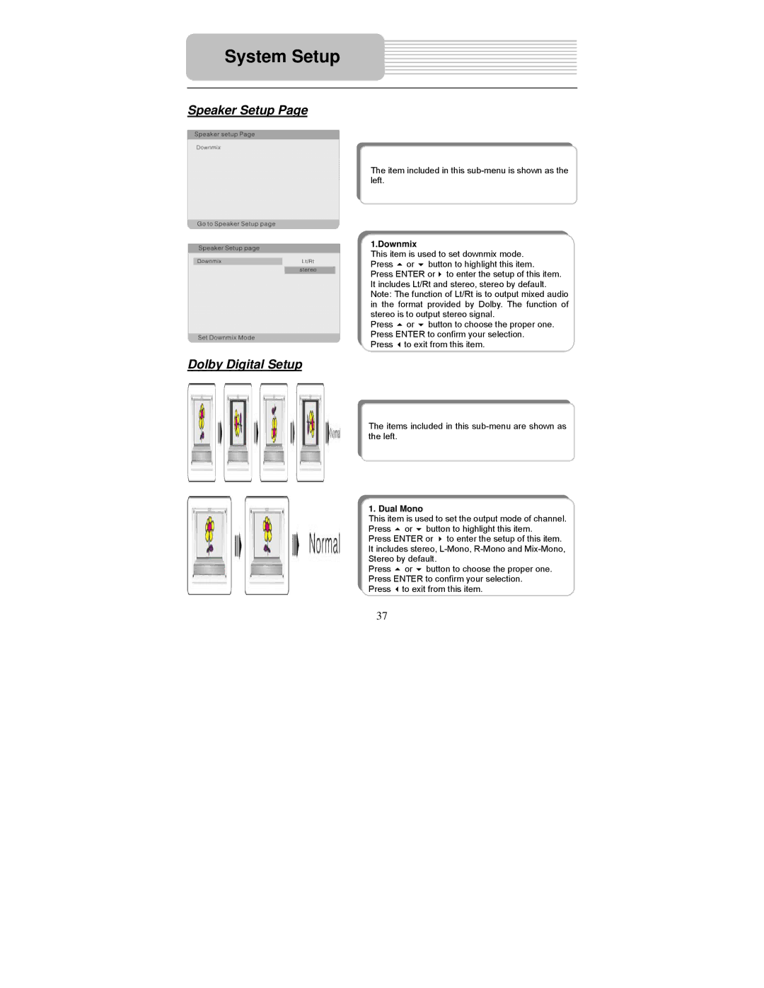 Polaroid PDU-1045 user manual Speaker Setup, Dolby Digital Setup, Downmix, Dual Mono 