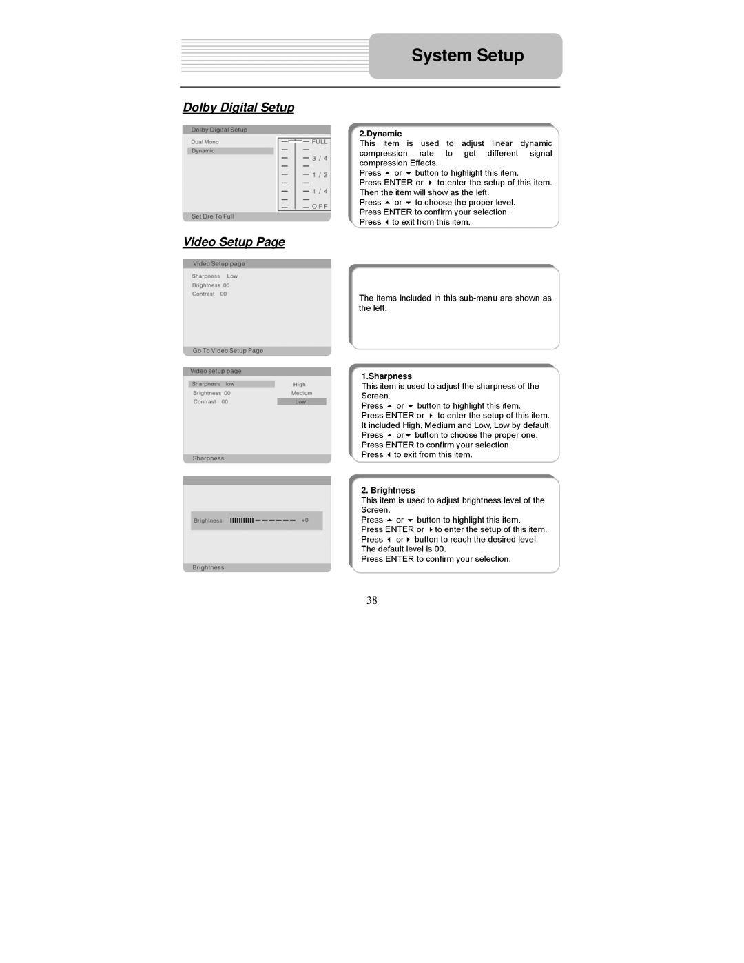 Polaroid PDU-1045 user manual Video Setup, Dynamic, Sharpness, Brightness 