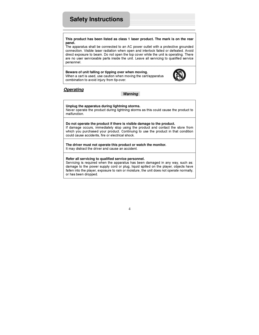 Polaroid PDU-1045 user manual Operating, Beware of unit falling or tipping over when moving 