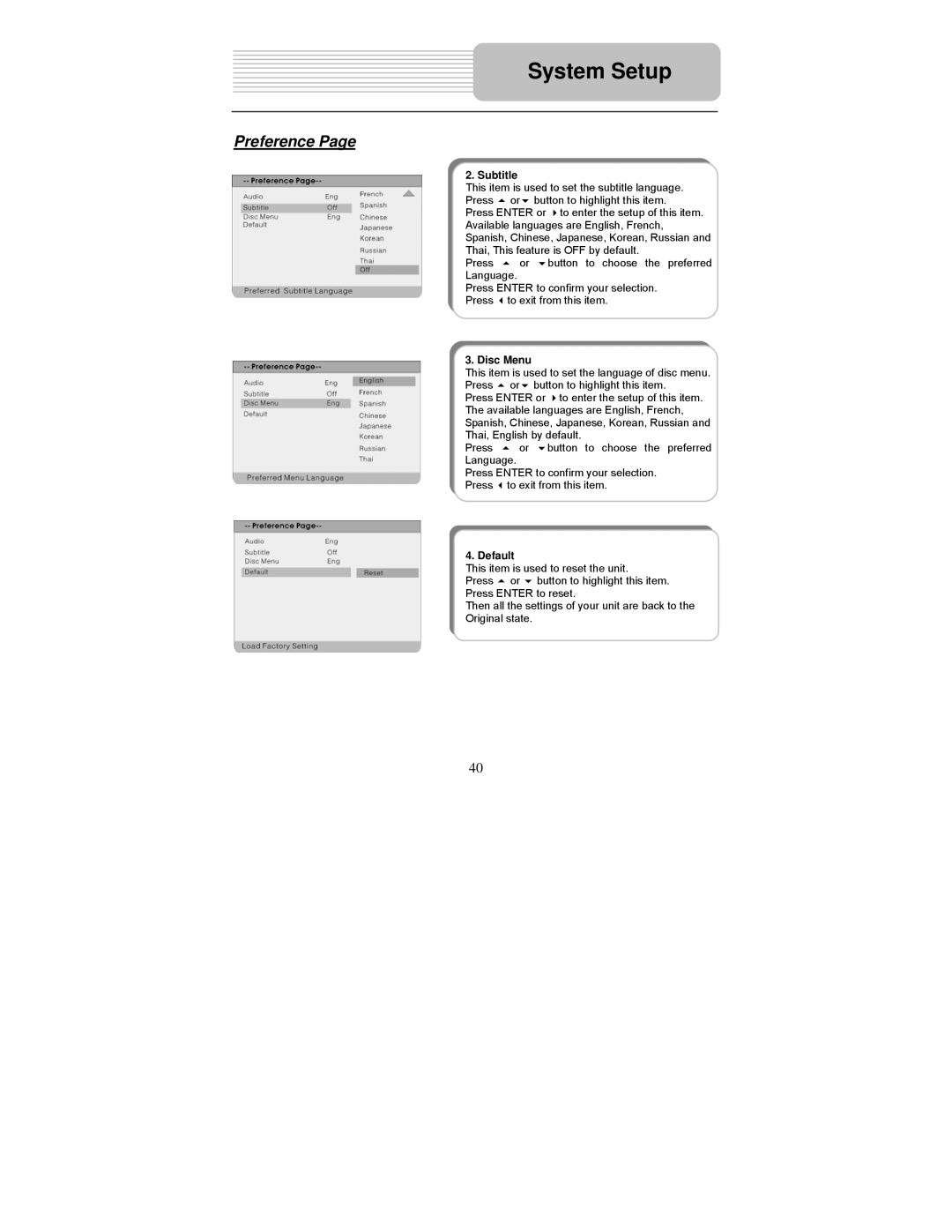 Polaroid PDU-1045 user manual Subtitle, Disc Menu, Default 