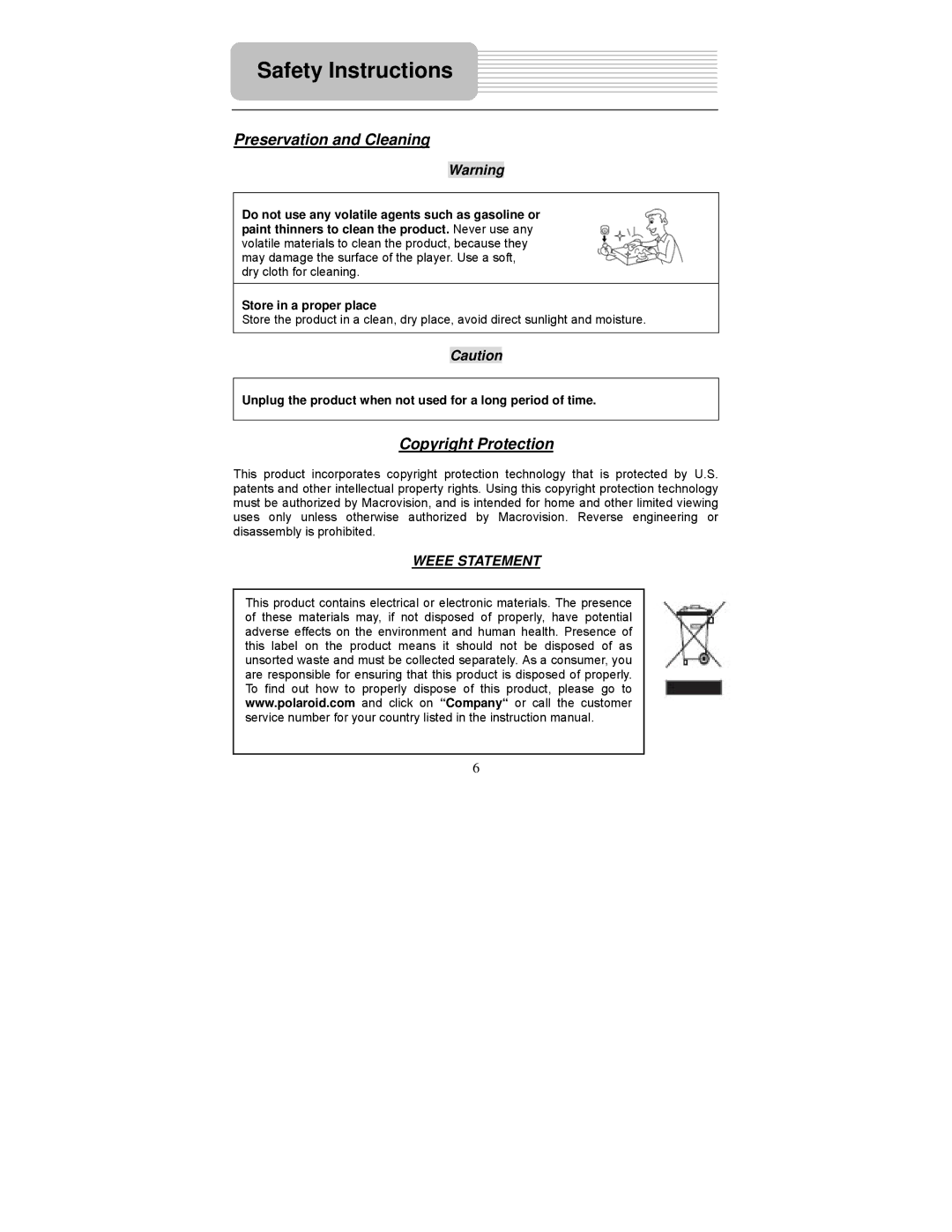 Polaroid PDU-1045 user manual Preservation and Cleaning, Copyright Protection 