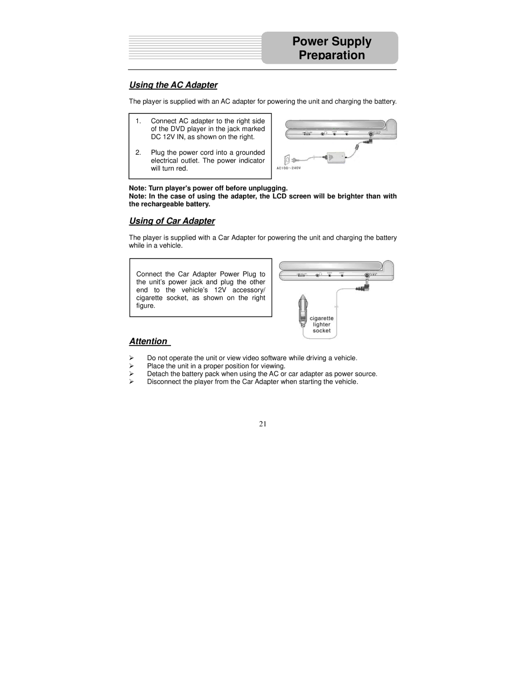 Polaroid PDU-1045S user manual Power Supply Preparation, Using the AC Adapter, Using of Car Adapter 