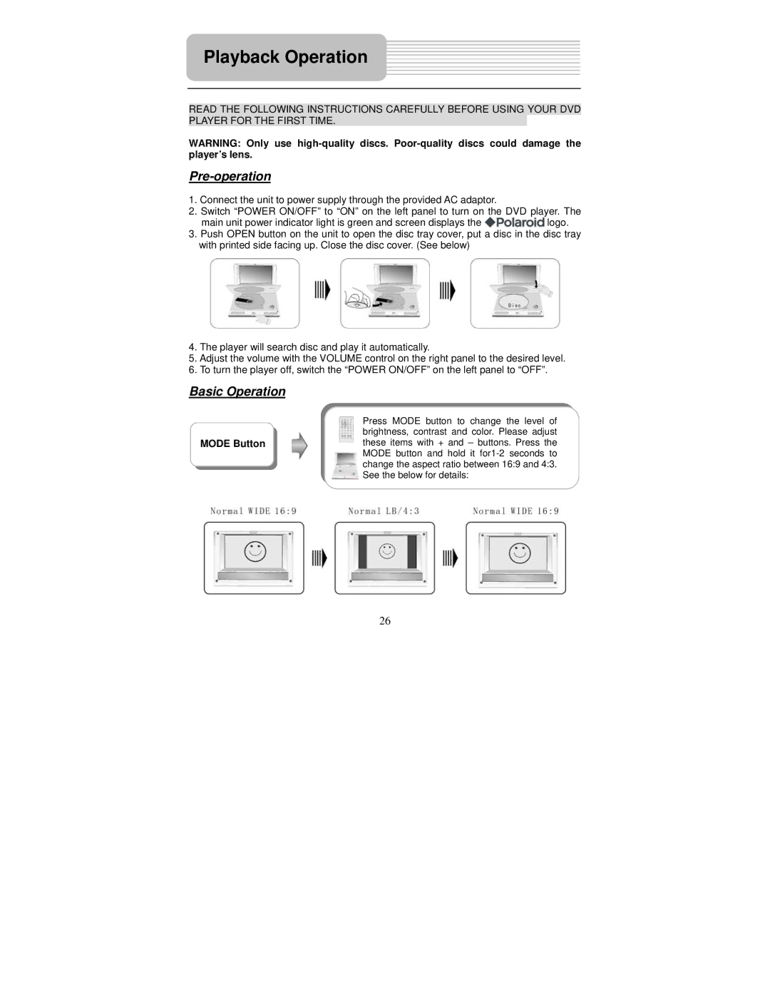 Polaroid PDU-1045S user manual Playback Operation, Pre-operation, Basic Operation 