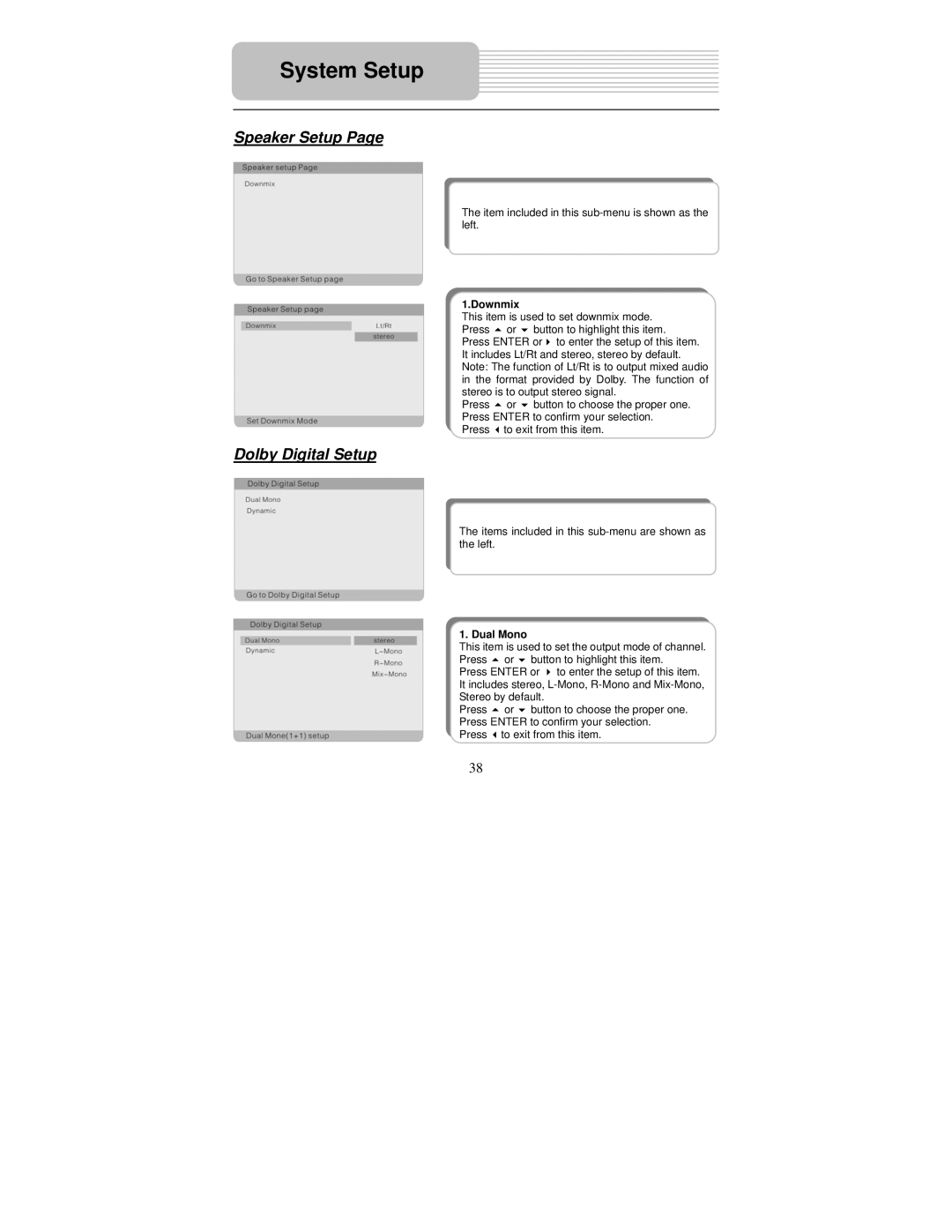 Polaroid PDU-1045S user manual Speaker Setup, Dolby Digital Setup, Downmix, Dual Mono 