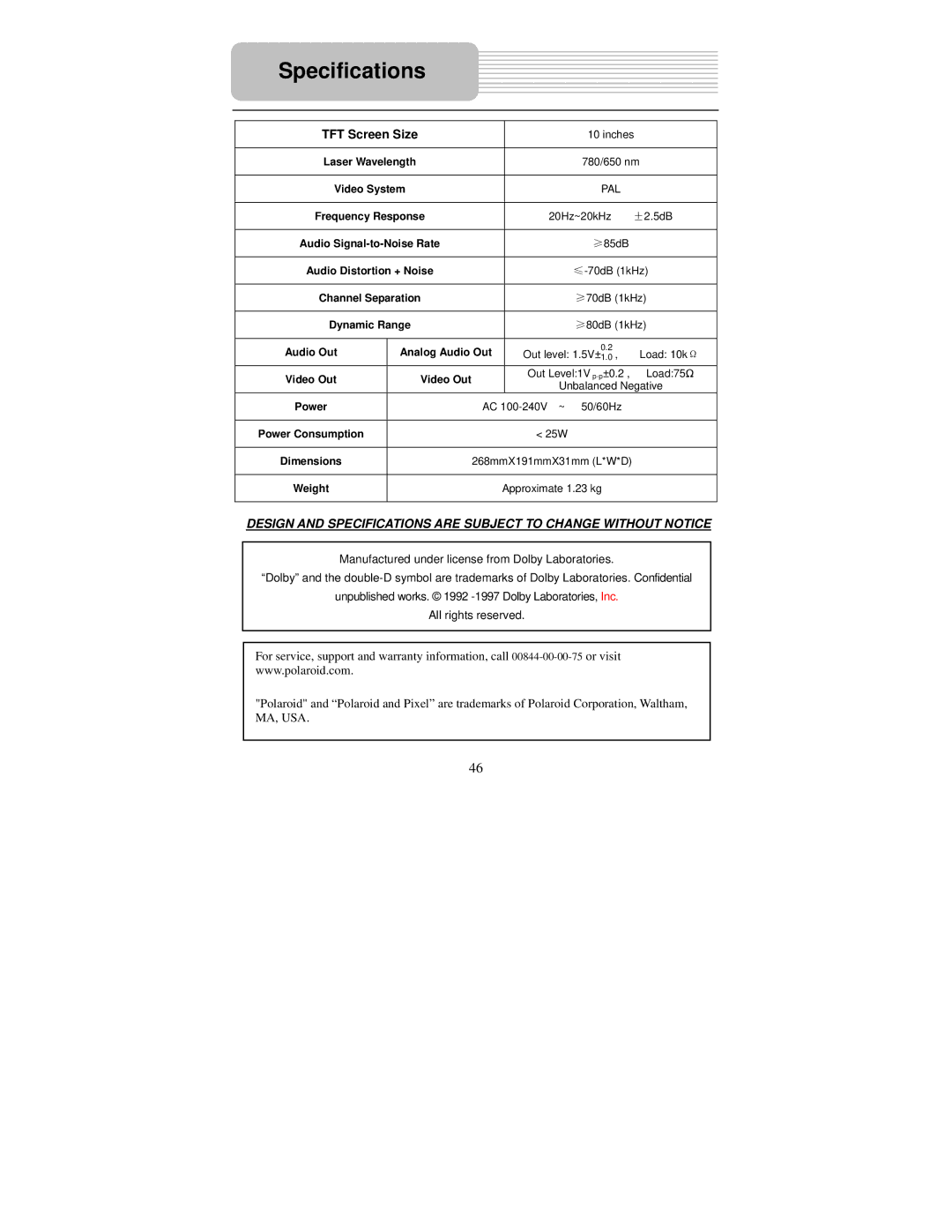 Polaroid PDU-1045S user manual Specifications, TFT Screen Size, Video System, Audio Out Analog Audio Out, Power 