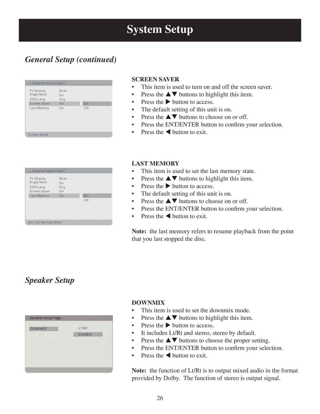 Polaroid PDU-1063 user manual Screen Saver, Last Memory, Downmix 