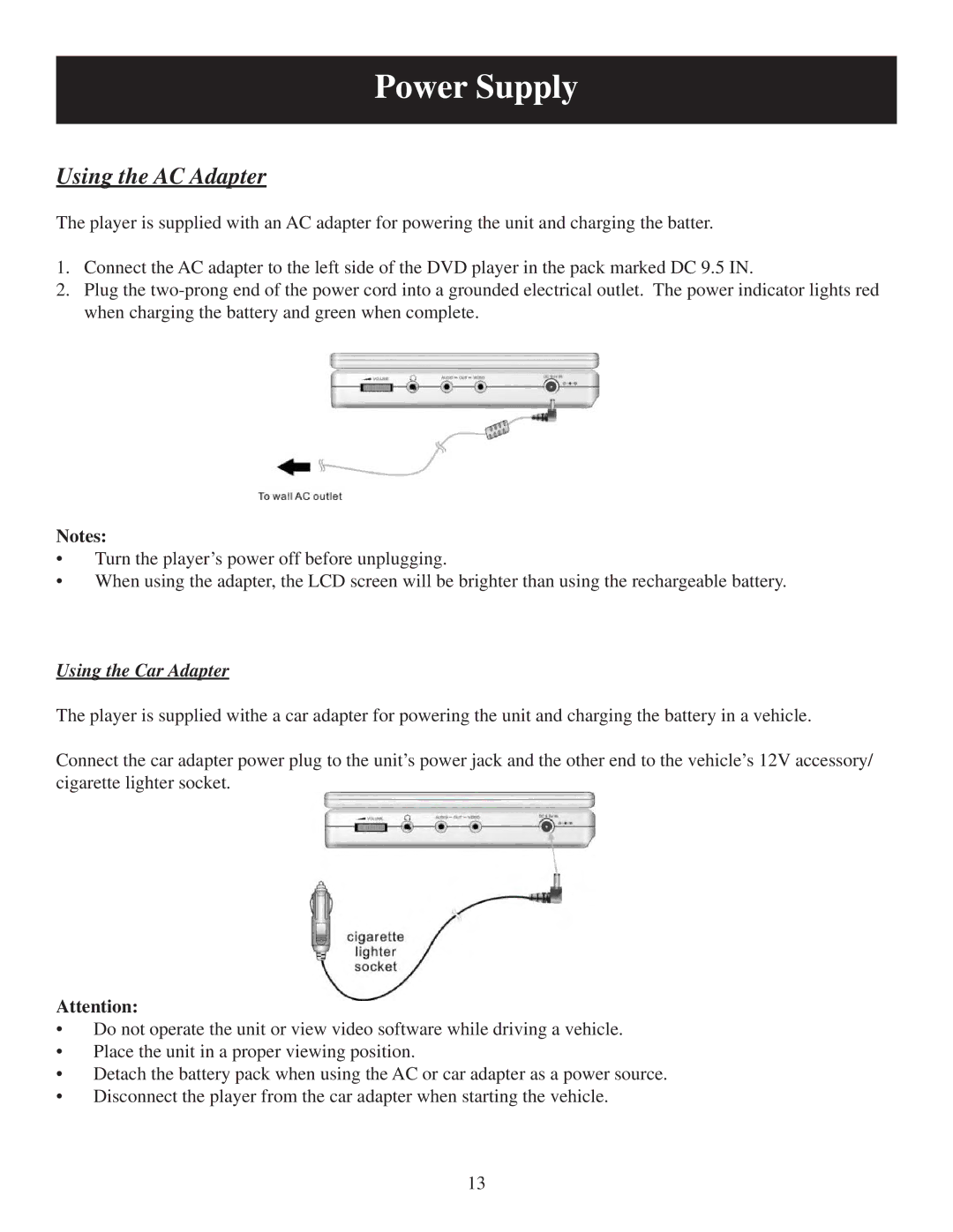 Polaroid PDU-2728 user manual Power Supply, Using the AC Adapter 