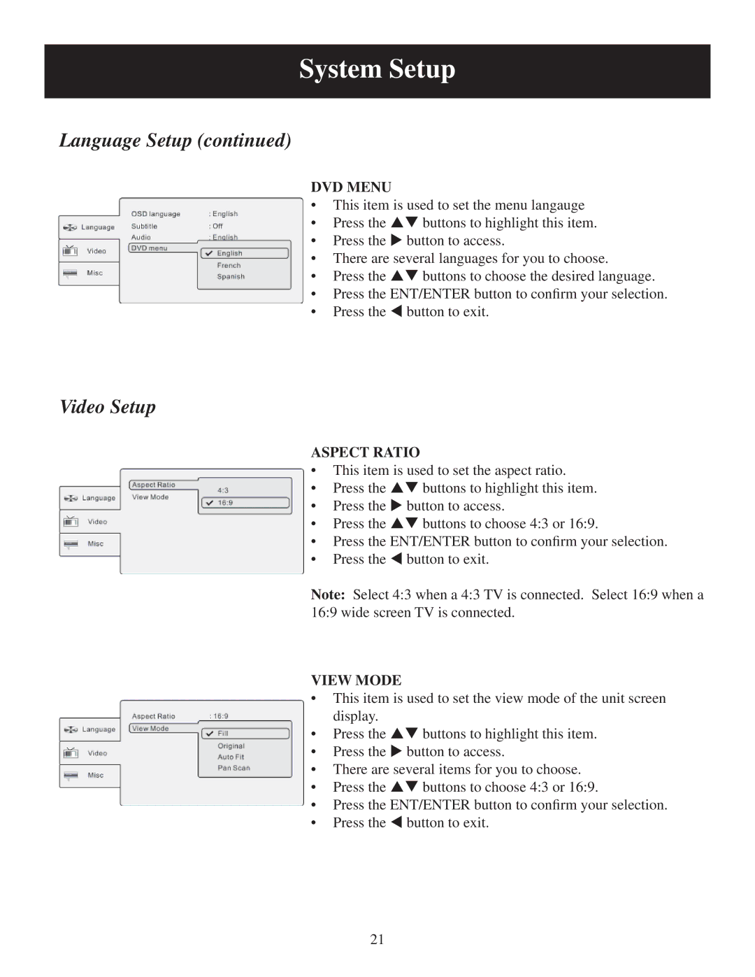 Polaroid PDU-2728 user manual DVD Menu, Aspect Ratio, View Mode 