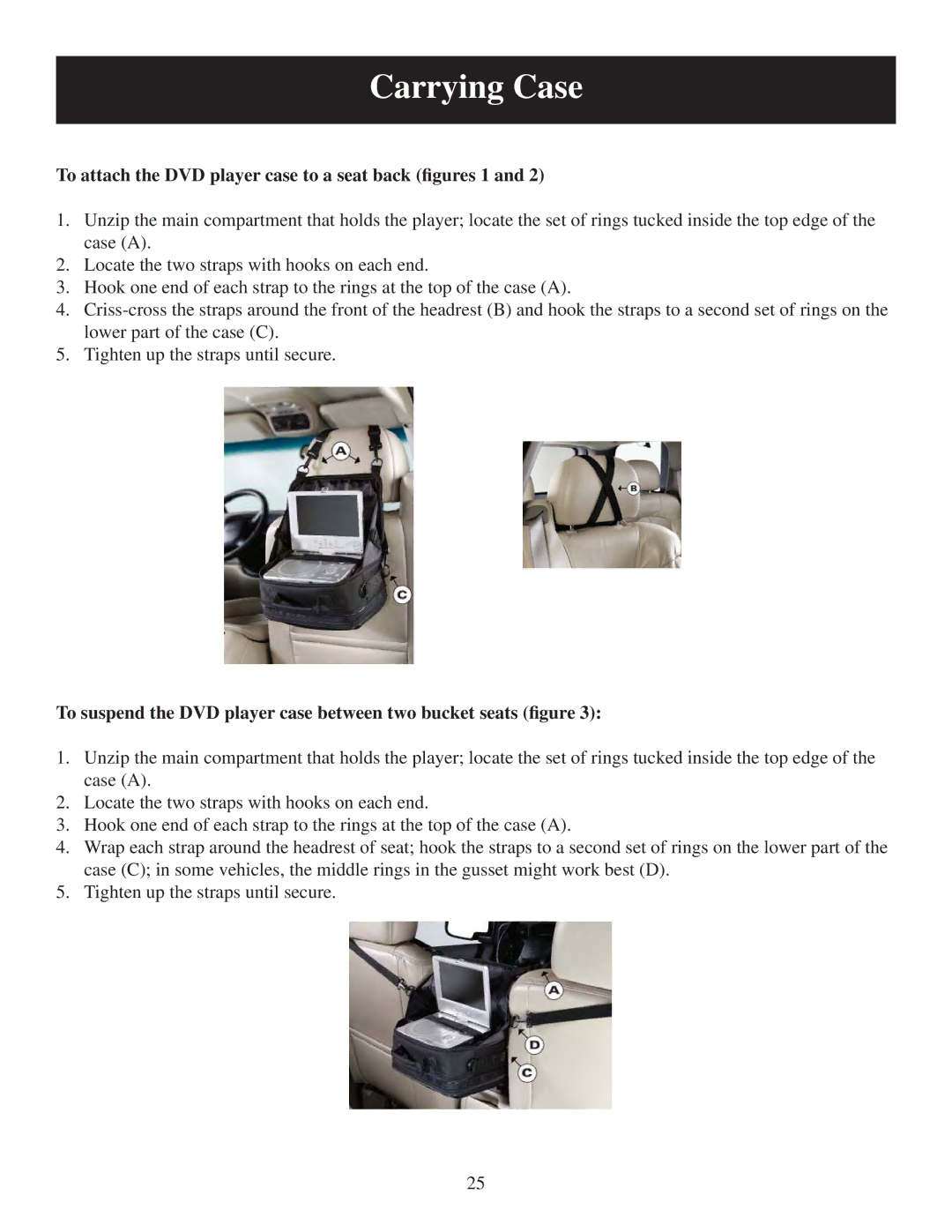 Polaroid PDU-2728 user manual To attach the DVD player case to a seat back ﬁgures 1 