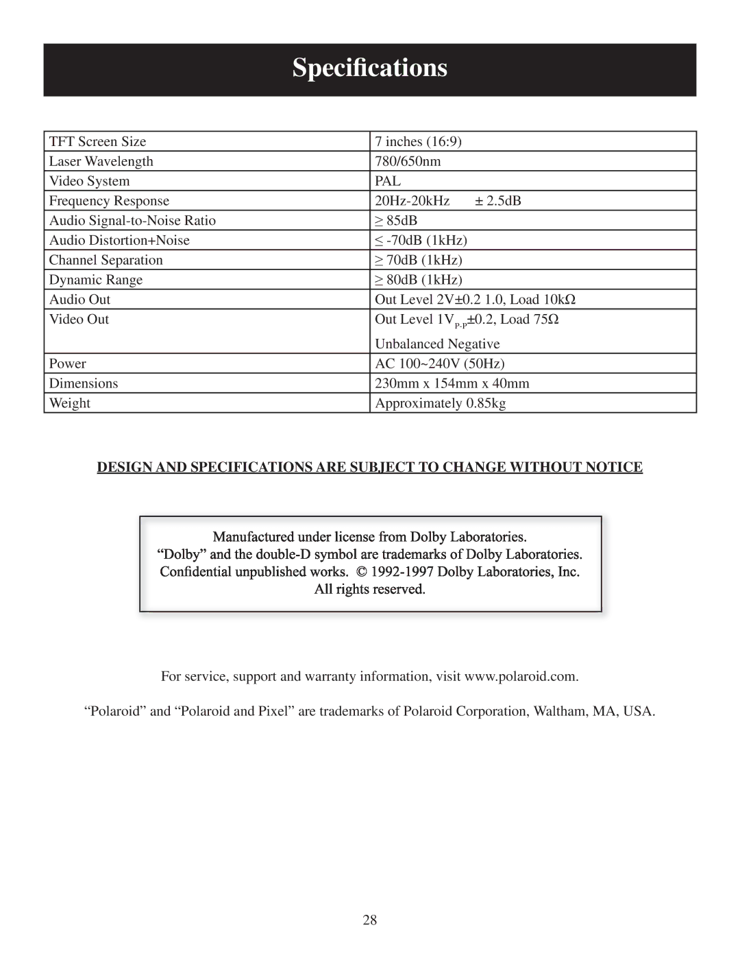 Polaroid PDU-2728 user manual Speciﬁcations, Pal 