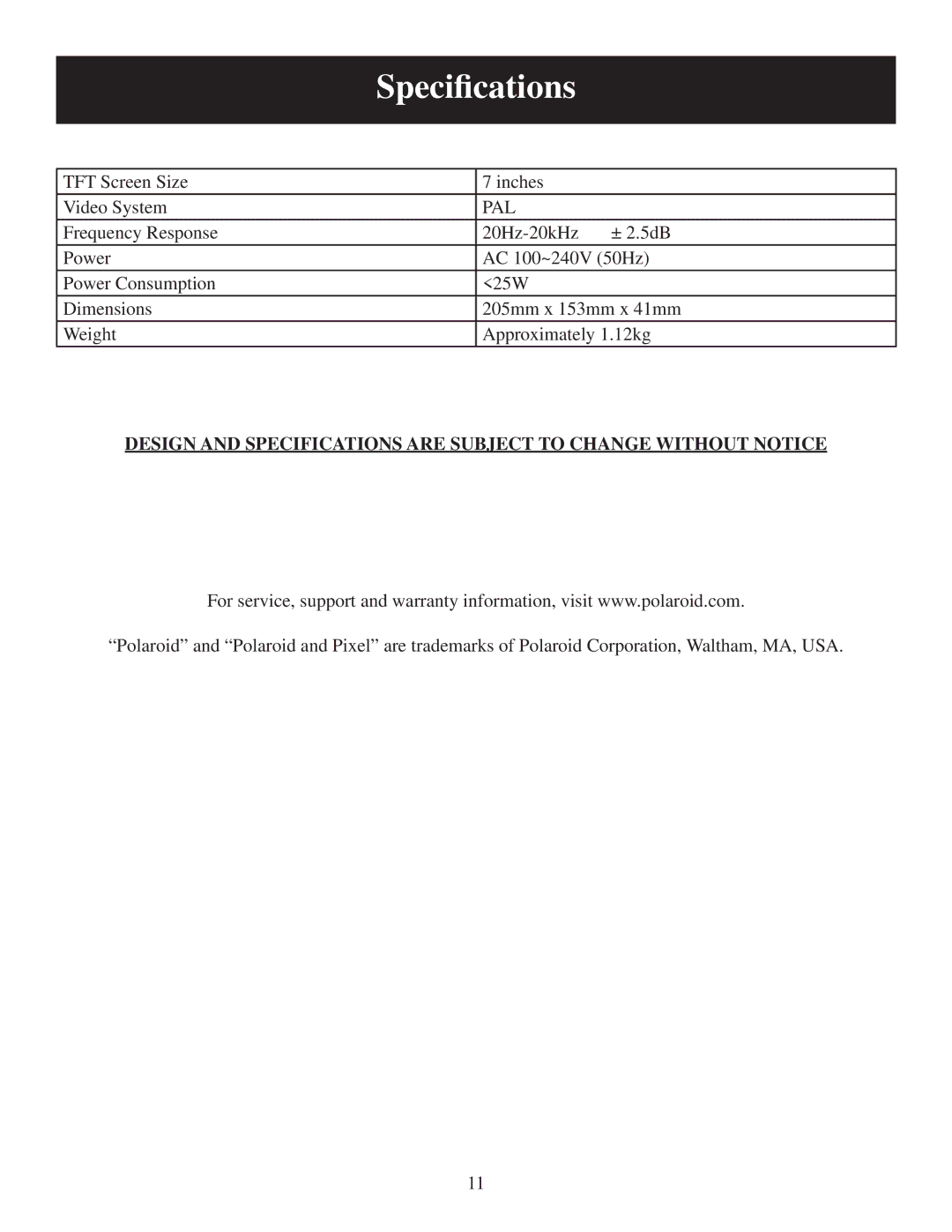 Polaroid PDU-2729 user manual Speciﬁcations, Pal 