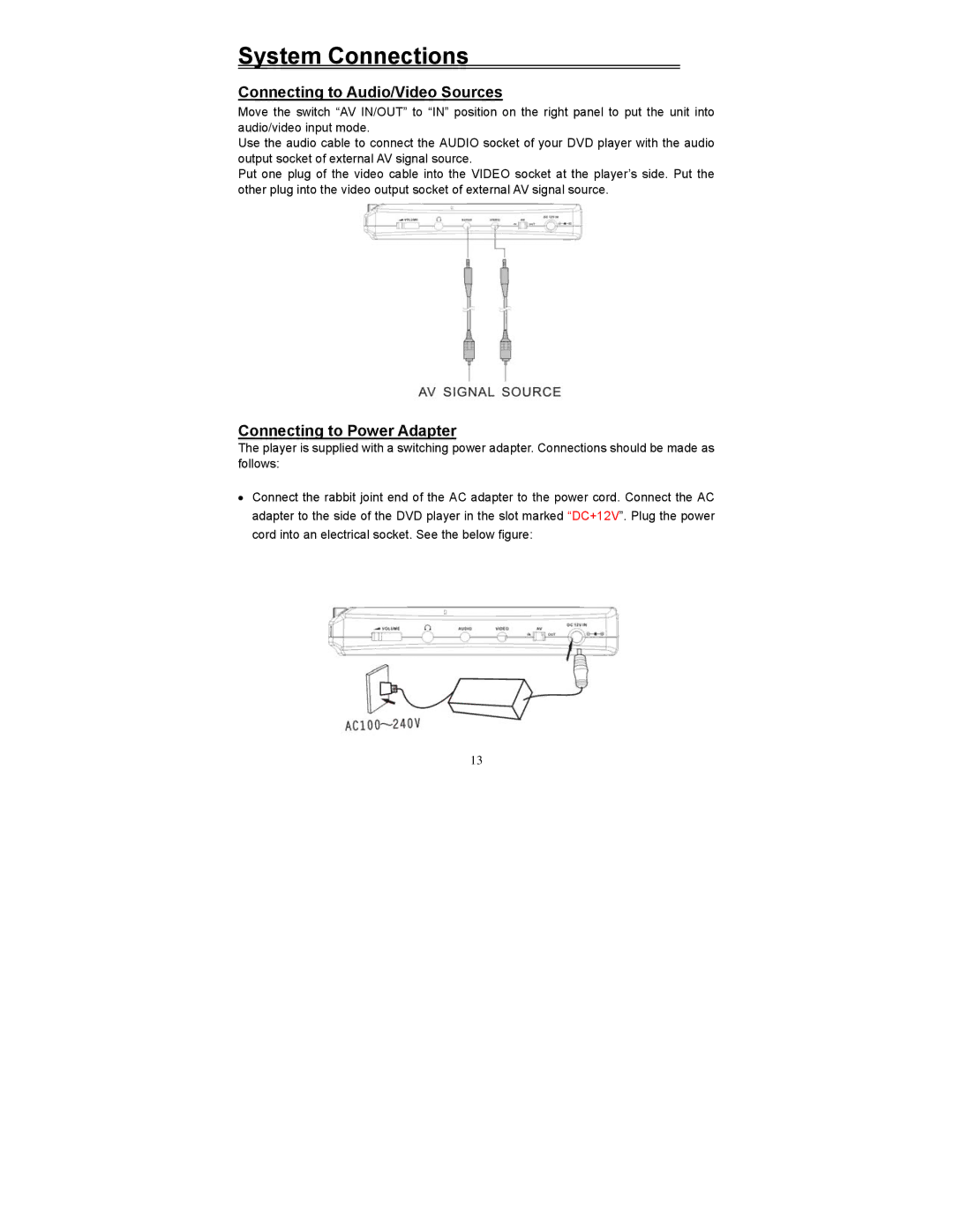 Polaroid PDV-0560M manual Connecting to Audio/Video Sources, Connecting to Power Adapter 