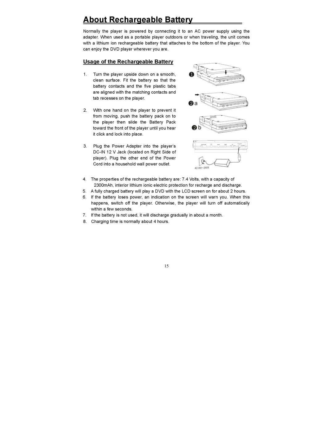 Polaroid PDV-0560M manual About Rechargeable Battery, Usage of the Rechargeable Battery 