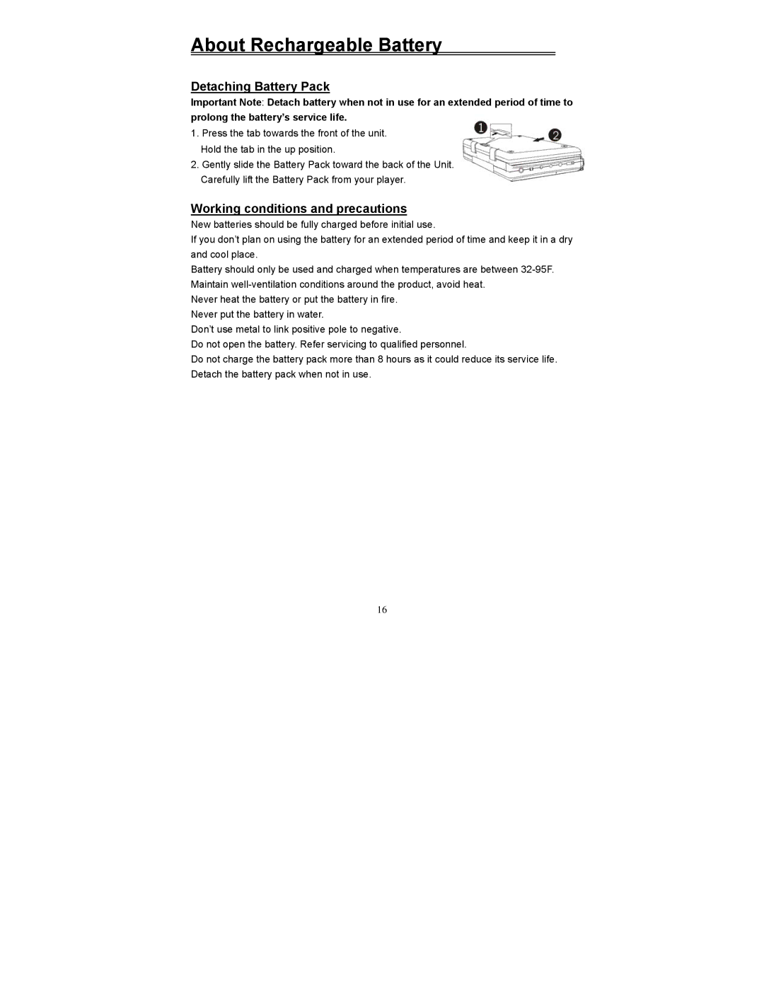 Polaroid PDV-0560M manual Detaching Battery Pack, Working conditions and precautions 