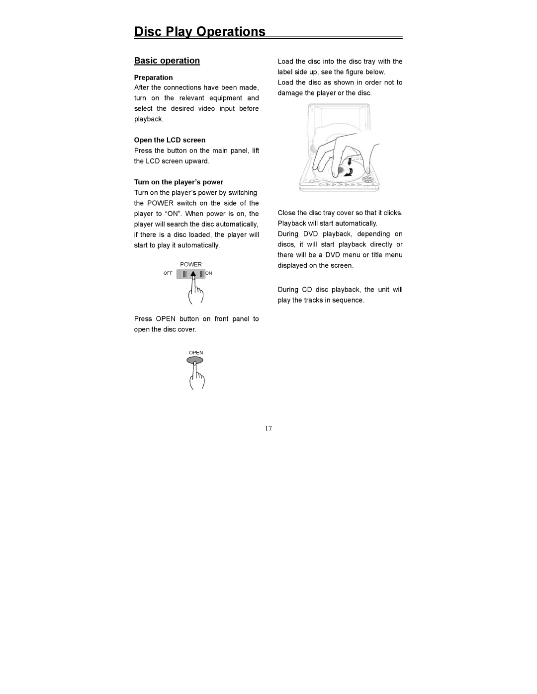 Polaroid PDV-0560M Disc Play Operations, Basic operation, Preparation, Open the LCD screen, Turn on the player’s power 