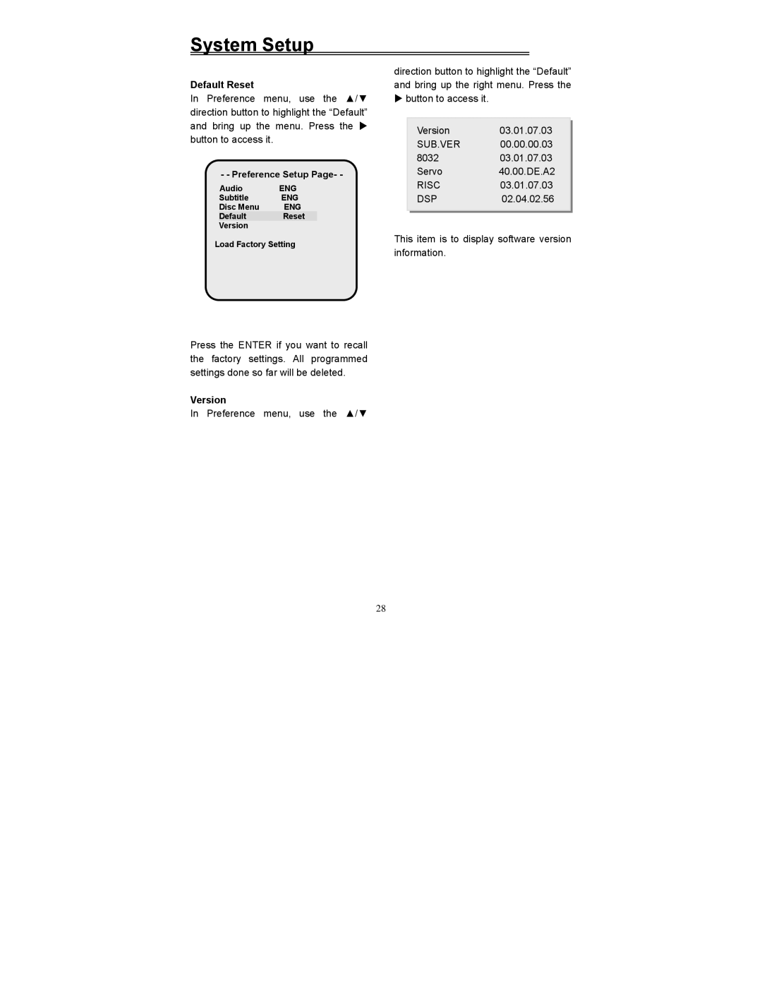 Polaroid PDV-0560M manual Default Reset, Version 