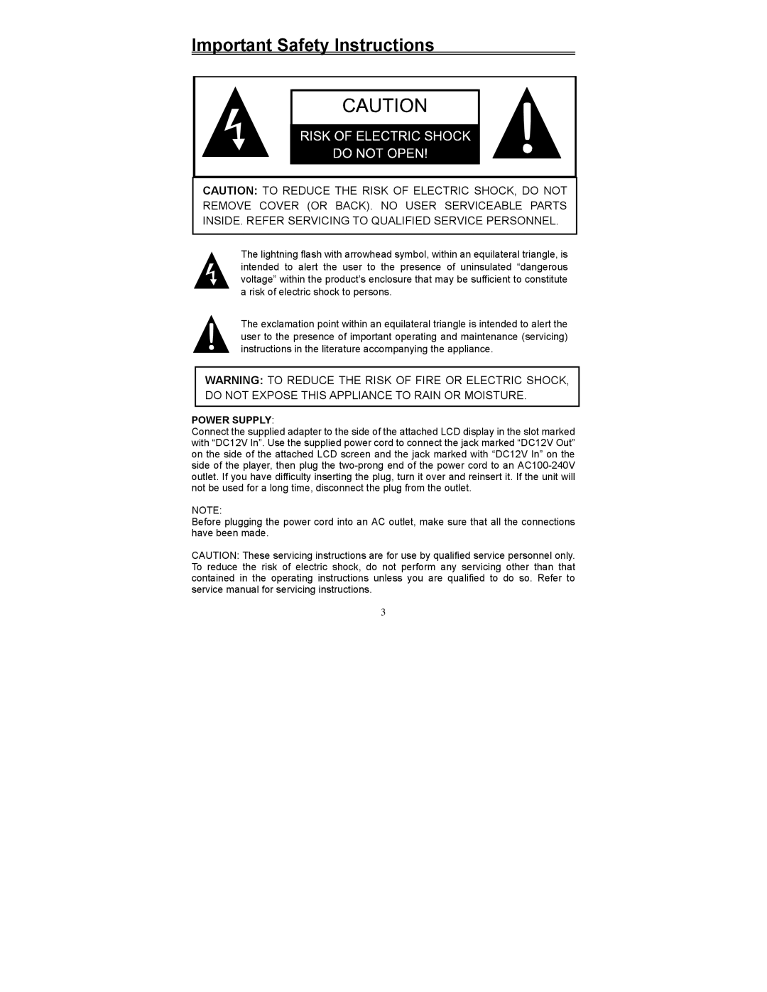 Polaroid PDV-0560M manual Important Safety Instructions 