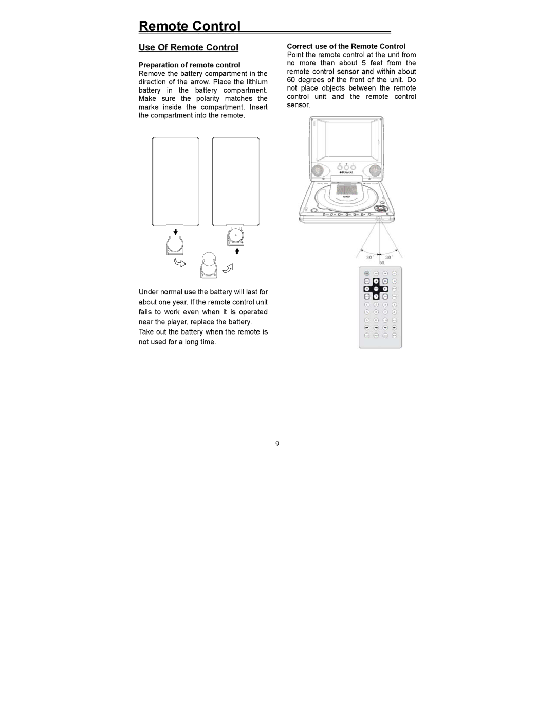 Polaroid PDV-0560M manual Use Of Remote Control 