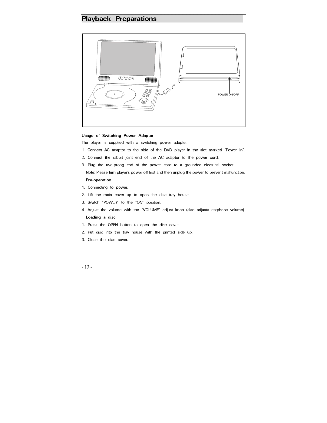 Polaroid PDV-0700 operation manual Preparations, Usage of Switching Power Adapter, Pre-operation, Loading a disc 