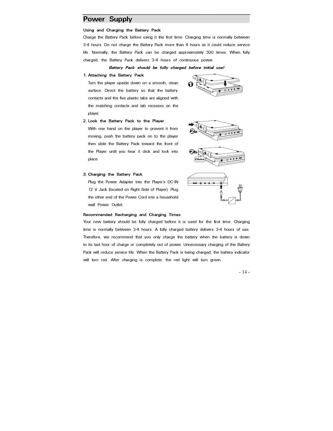 Polaroid PDV-0700 operation manual Power Supply, Using and Charging the Battery Pack, Lock the Battery Pack to the Player 