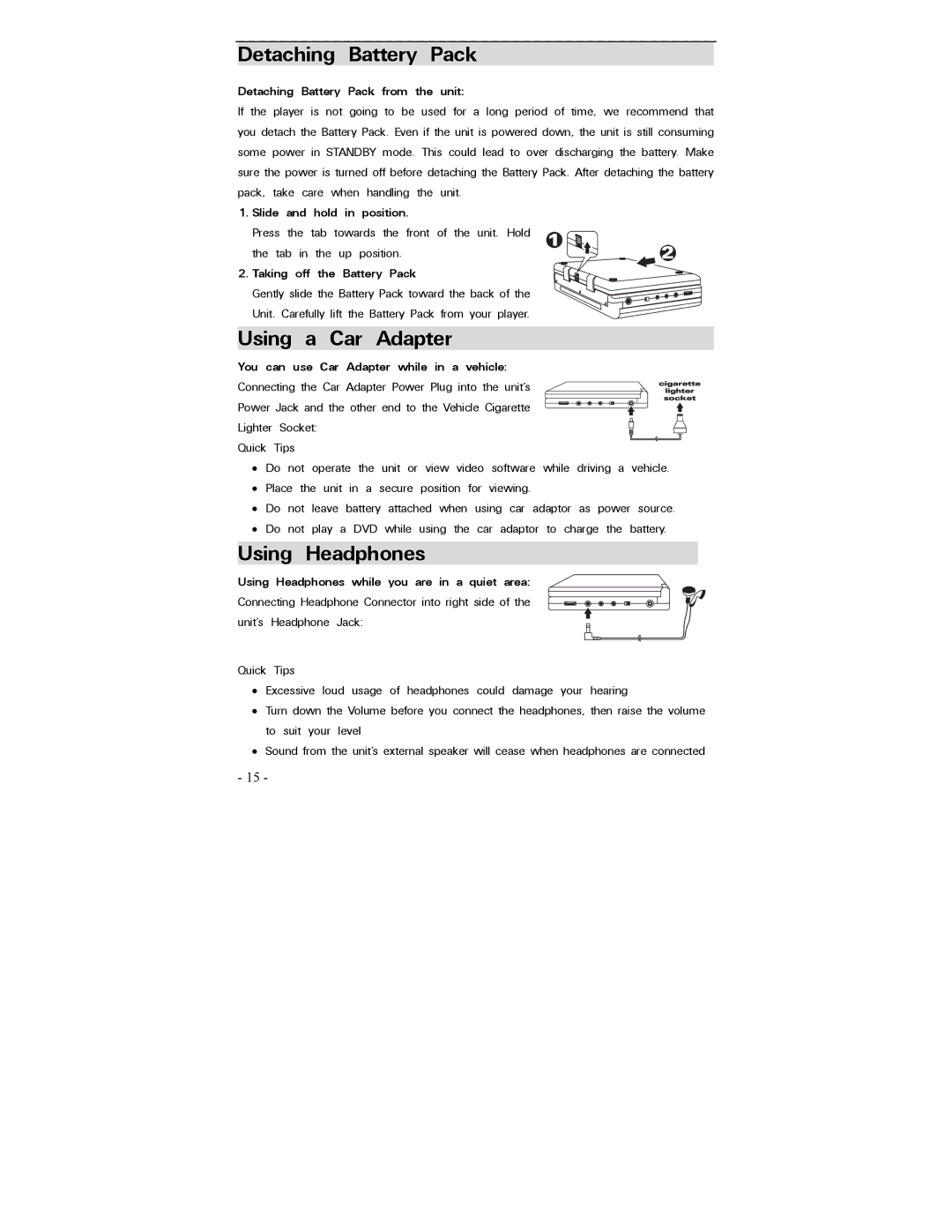 Polaroid PDV-0700 operation manual Detaching Battery Pack, Using a Car Adapter, Using Headphones 