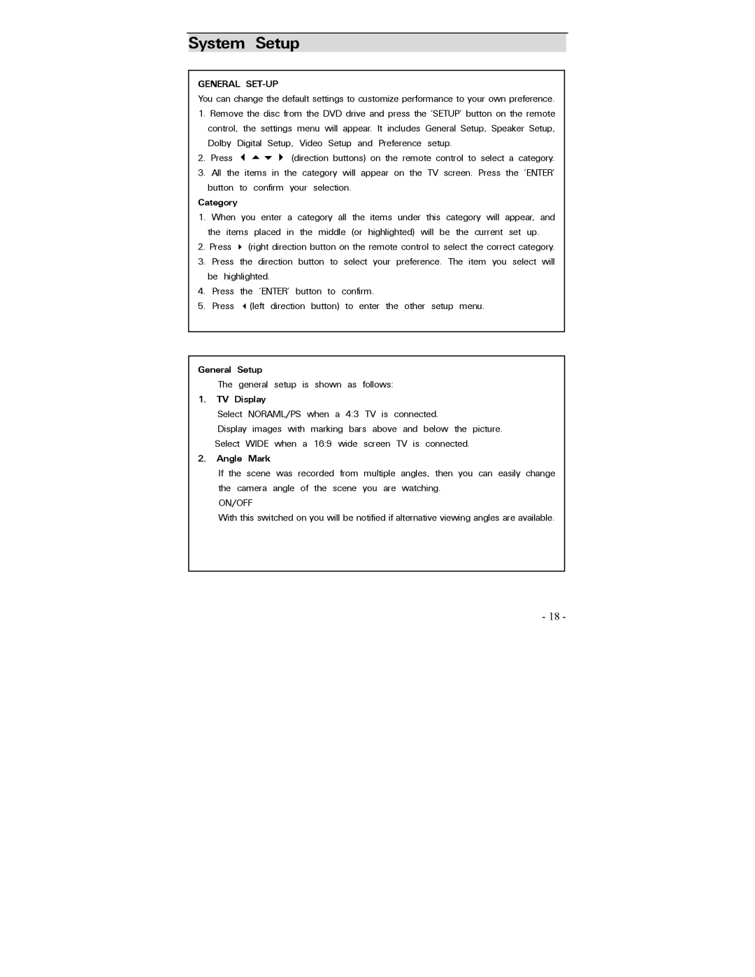 Polaroid PDV-0700 operation manual System Setup, General Setup, TV Display, Angle Mark 