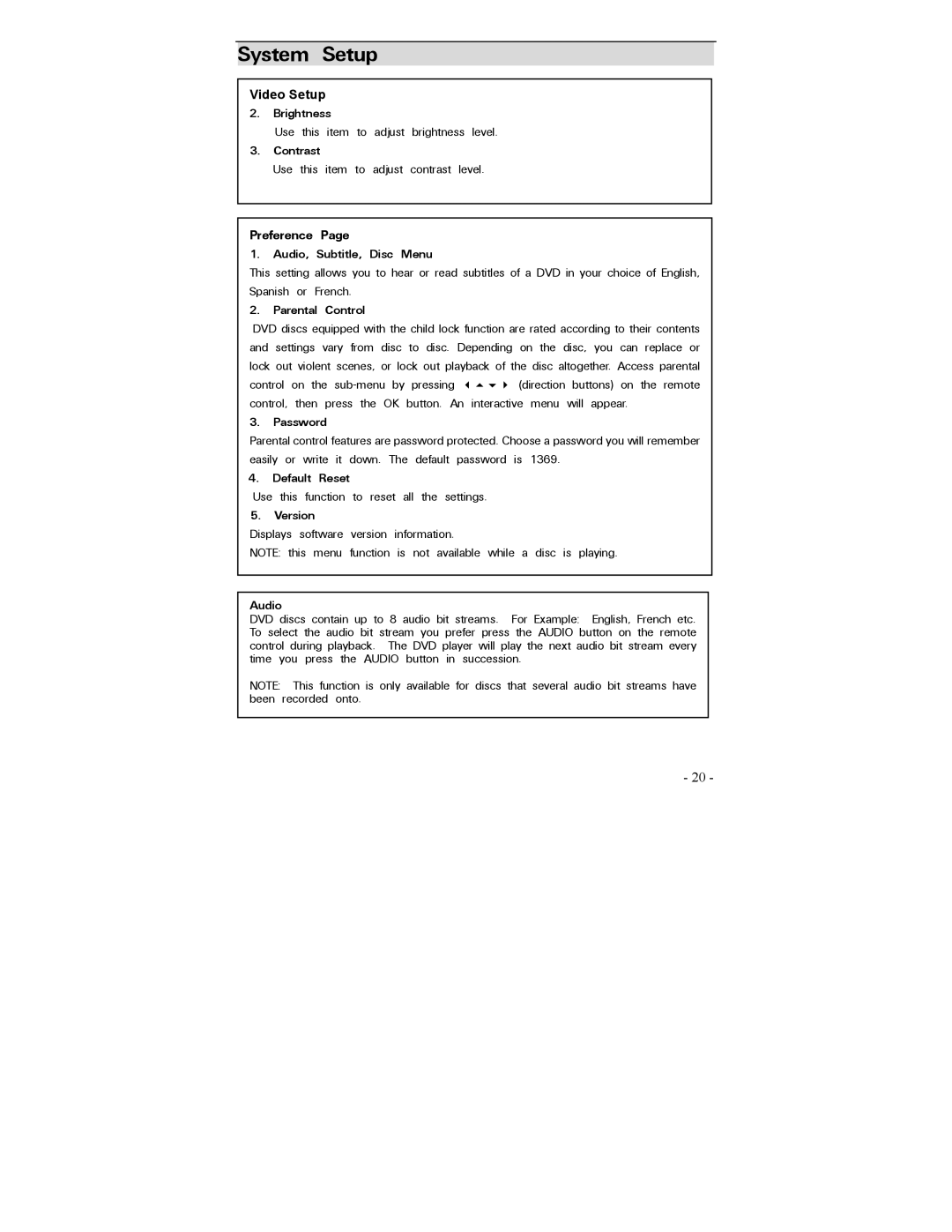 Polaroid PDV-0700 Video Setup Brightness, Contrast, Preference Audio, Subtitle, Disc Menu, Parental Control, Password 