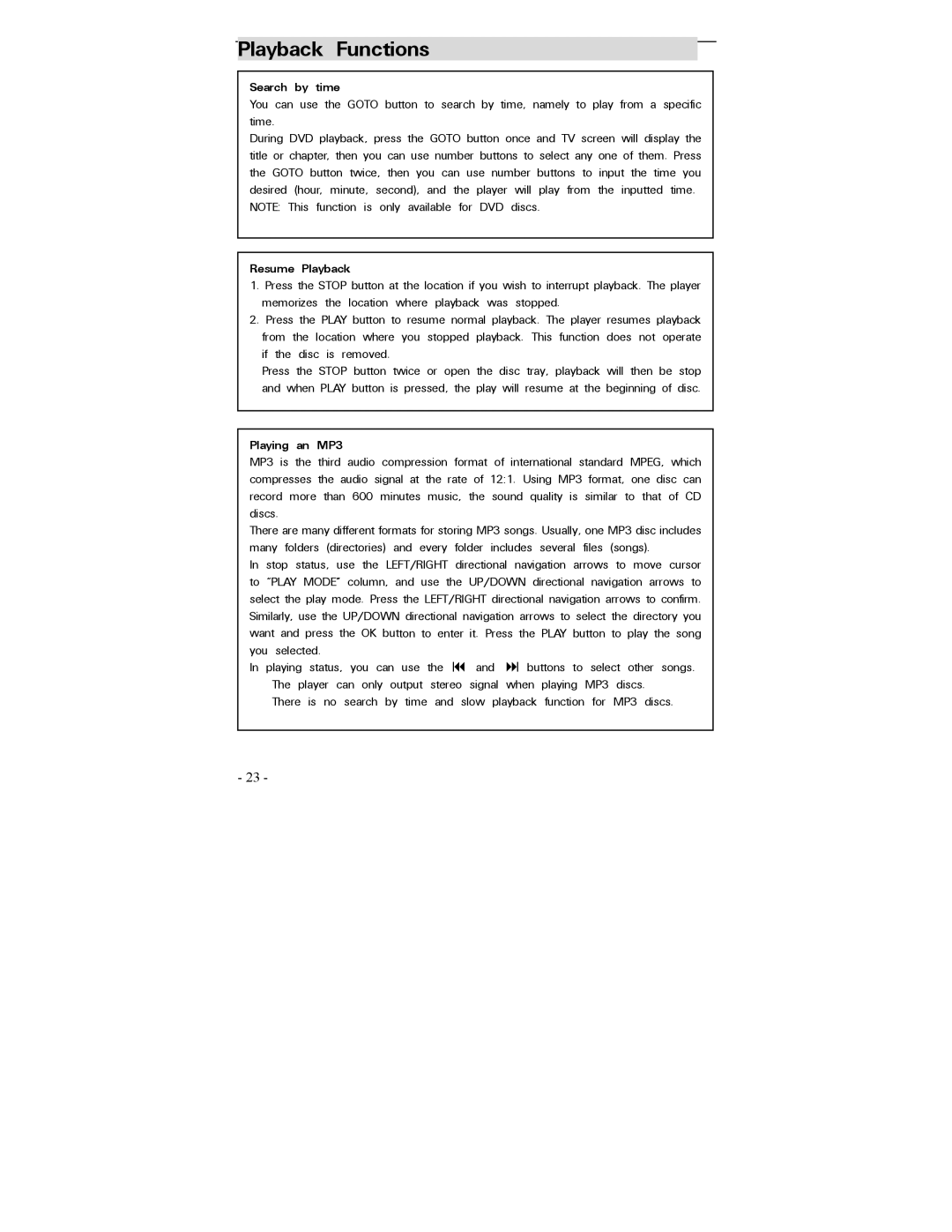 Polaroid PDV-0700 operation manual Search by time, Resume Playback, Playing an MP3 