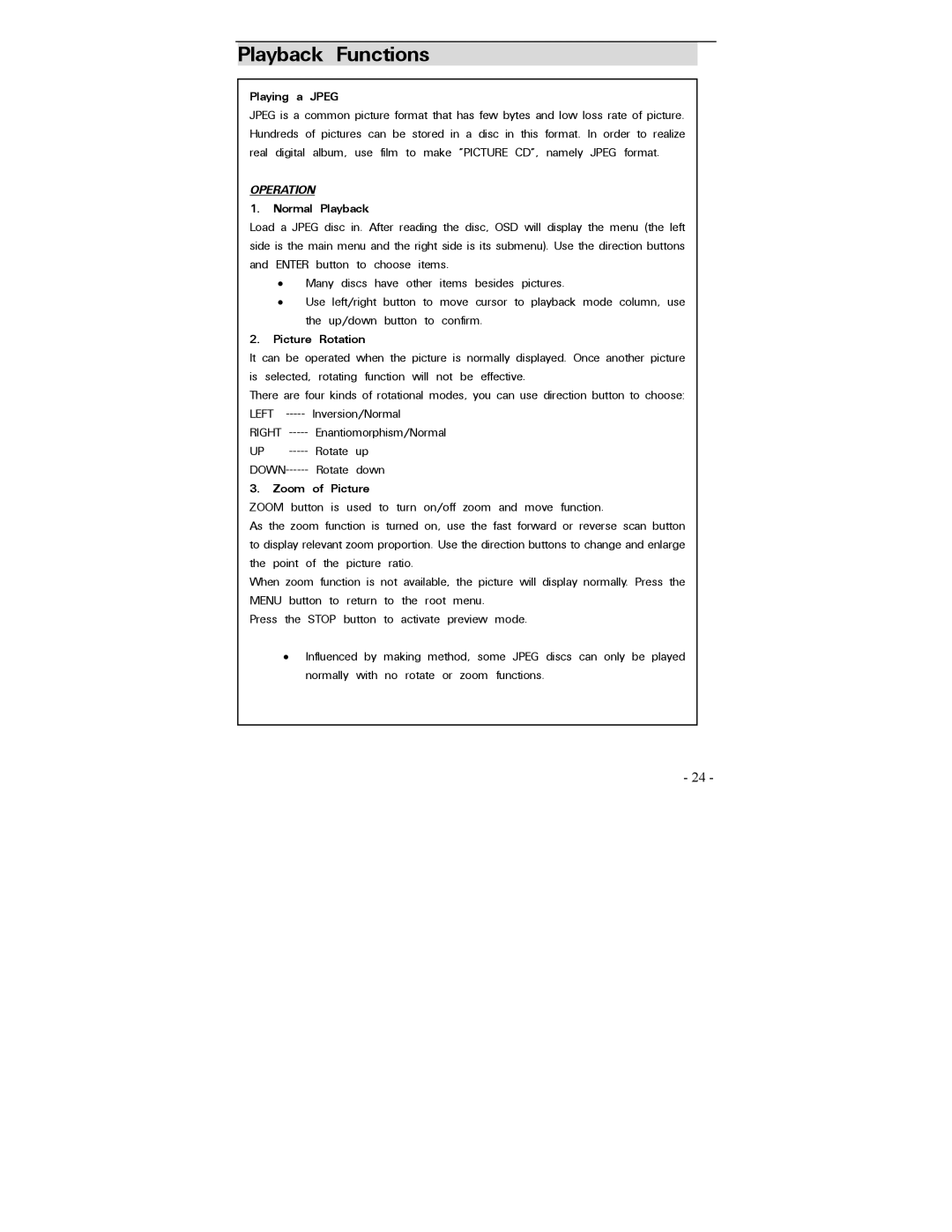 Polaroid PDV-0700 operation manual Playing a Jpeg, Normal Playback, Picture Rotation, Zoom of Picture 