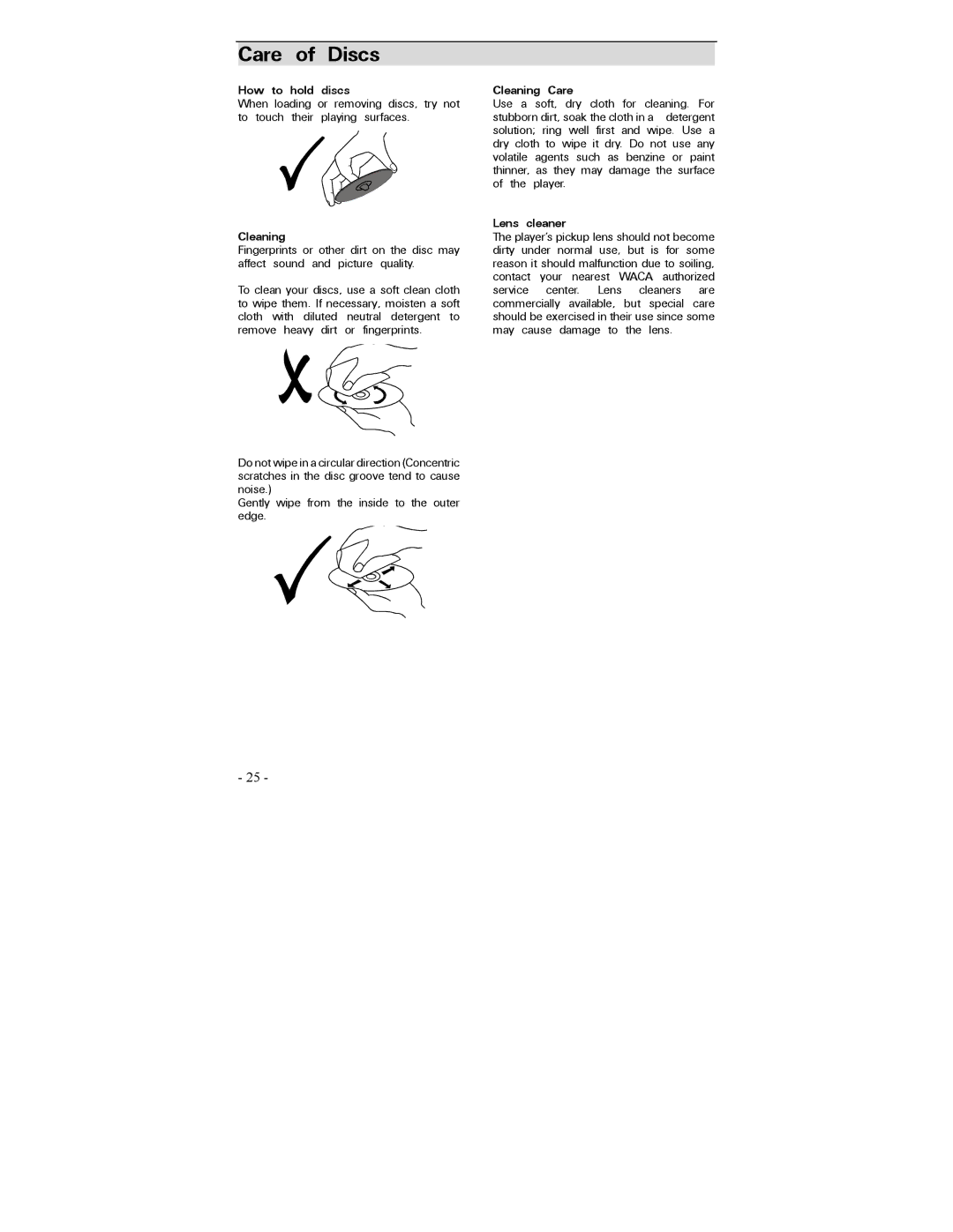 Polaroid PDV-0700 operation manual Care of Discs, How to hold discs, Cleaning Care, Lens cleaner 