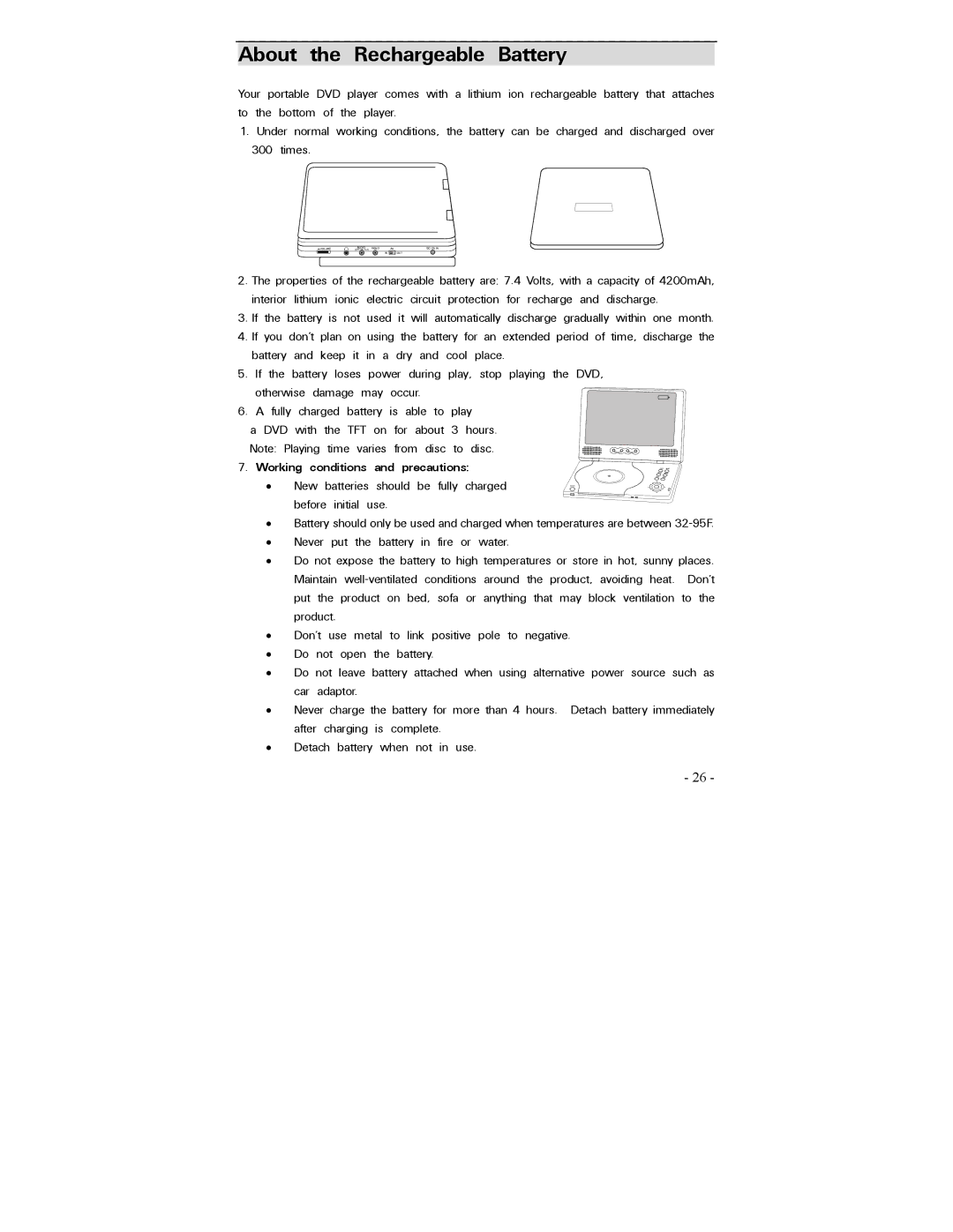 Polaroid PDV-0700 operation manual About the Rechargeable Battery, Working conditions and precautions 