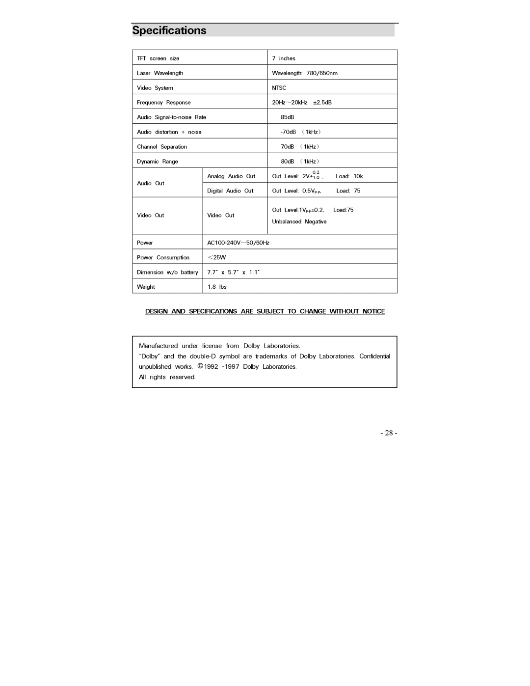 Polaroid PDV-0700 operation manual Specifications, Ntsc 