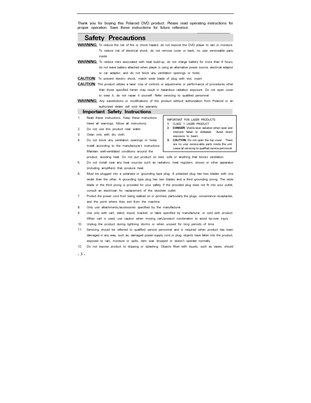 Polaroid PDV-0700 operation manual Safety 