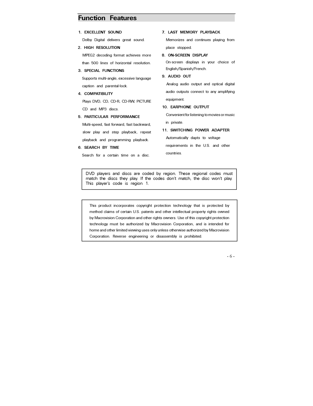 Polaroid PDV-0700 operation manual Function Features, Particular Performance 