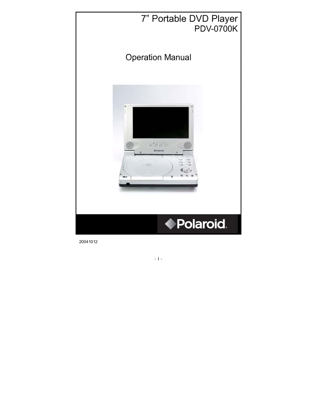 Polaroid PDV-0700K operation manual Portable DVD Player 