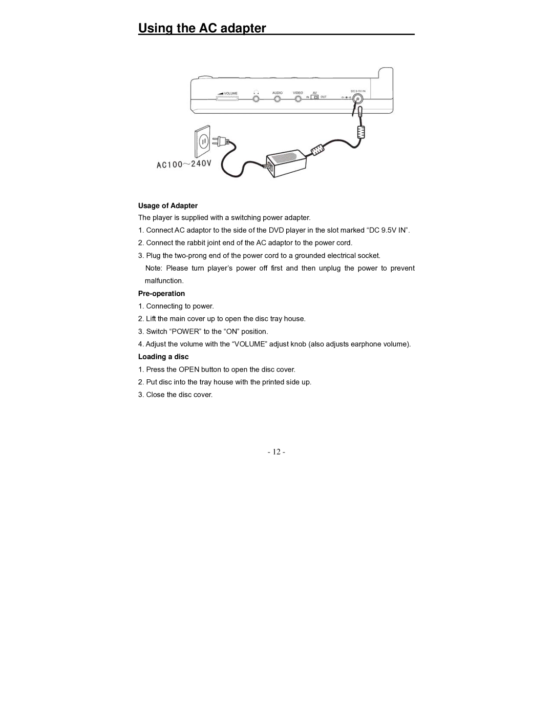 Polaroid PDV-0700K operation manual Using the AC adapter, Usage of Adapter, Pre-operation, Loading a disc 