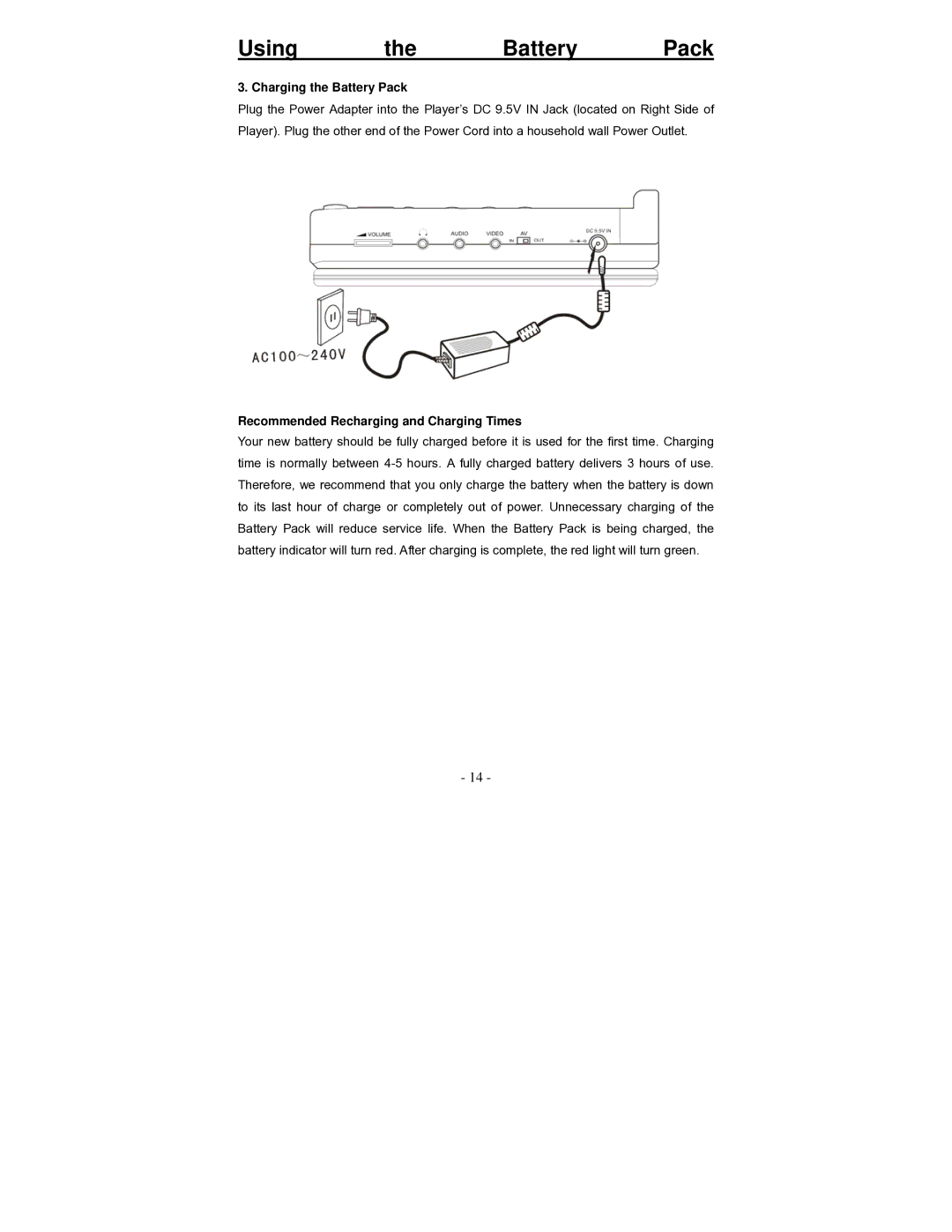 Polaroid PDV-0700K operation manual Charging the Battery Pack, Recommended Recharging and Charging Times 