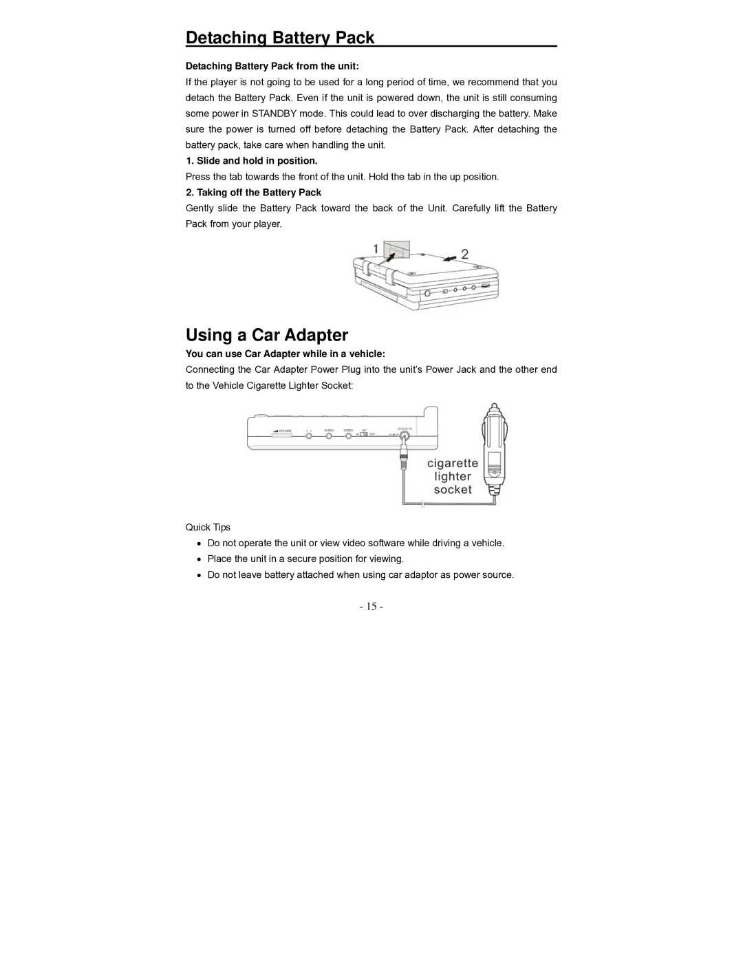 Polaroid PDV-0700K operation manual Detaching Battery Pack, Using a Car Adapter 