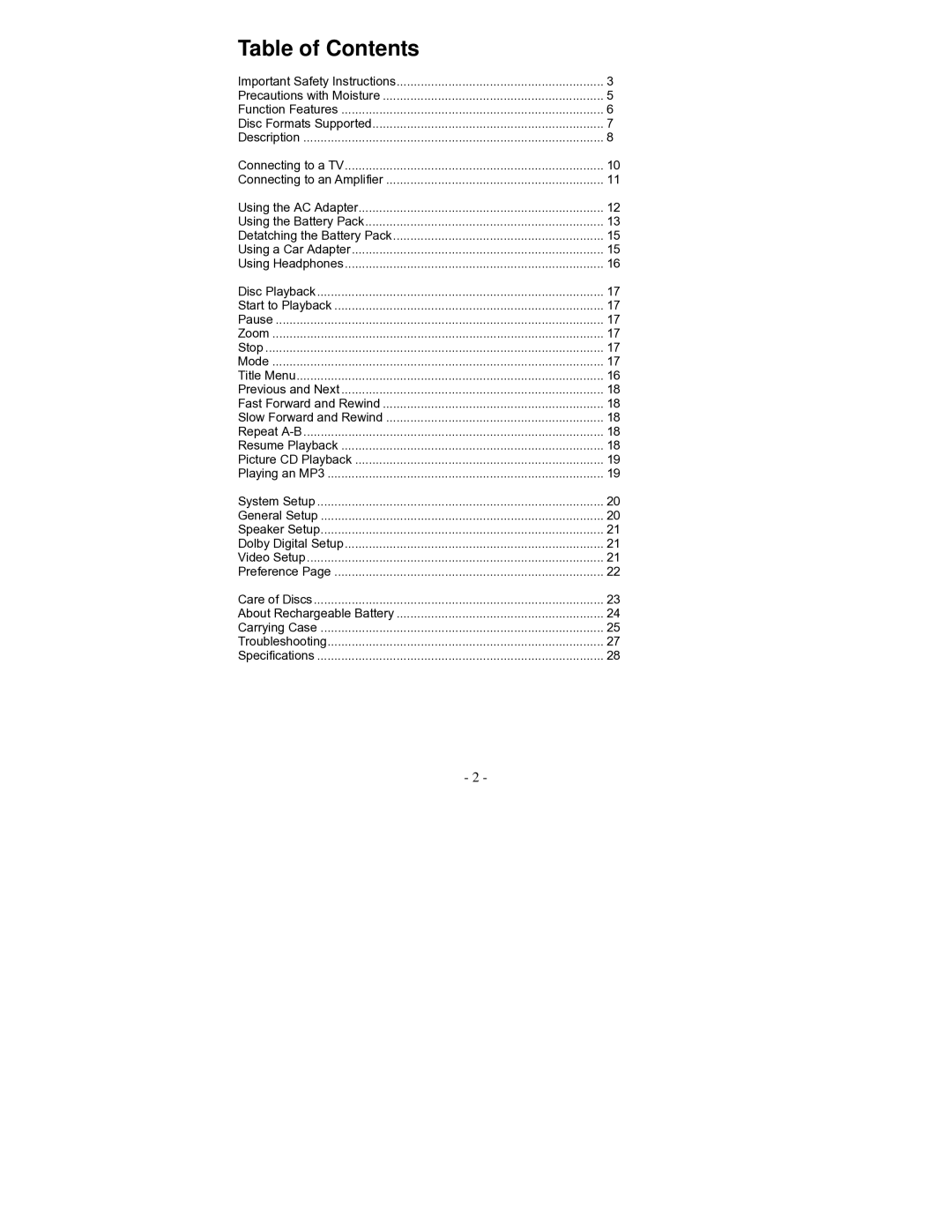 Polaroid PDV-0700K operation manual Table of Contents 