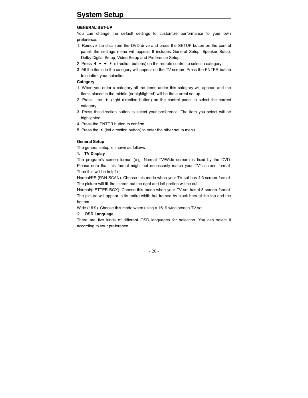 Polaroid PDV-0700K operation manual System Setup, General SET-UP 