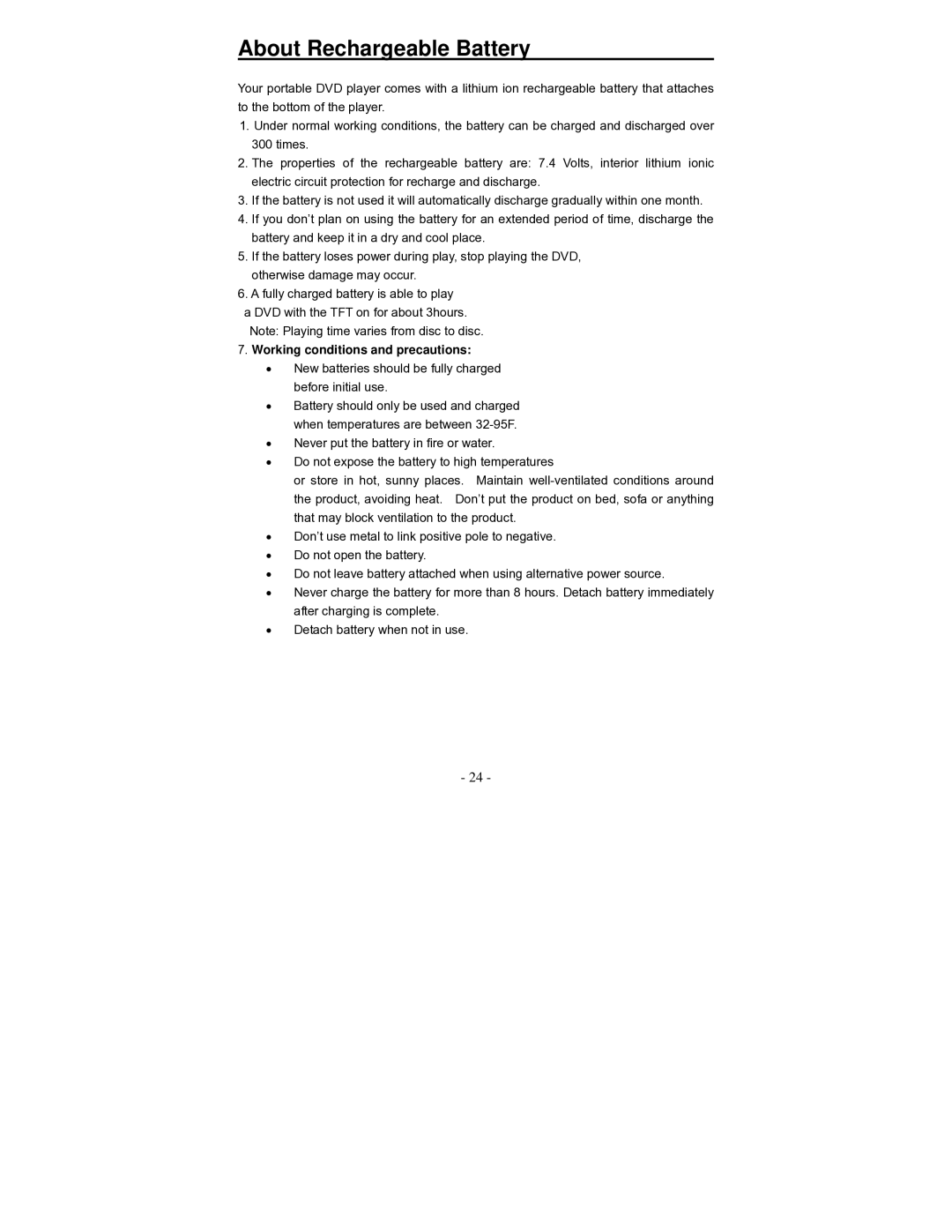 Polaroid PDV-0700K operation manual About Rechargeable Battery, Working conditions and precautions 