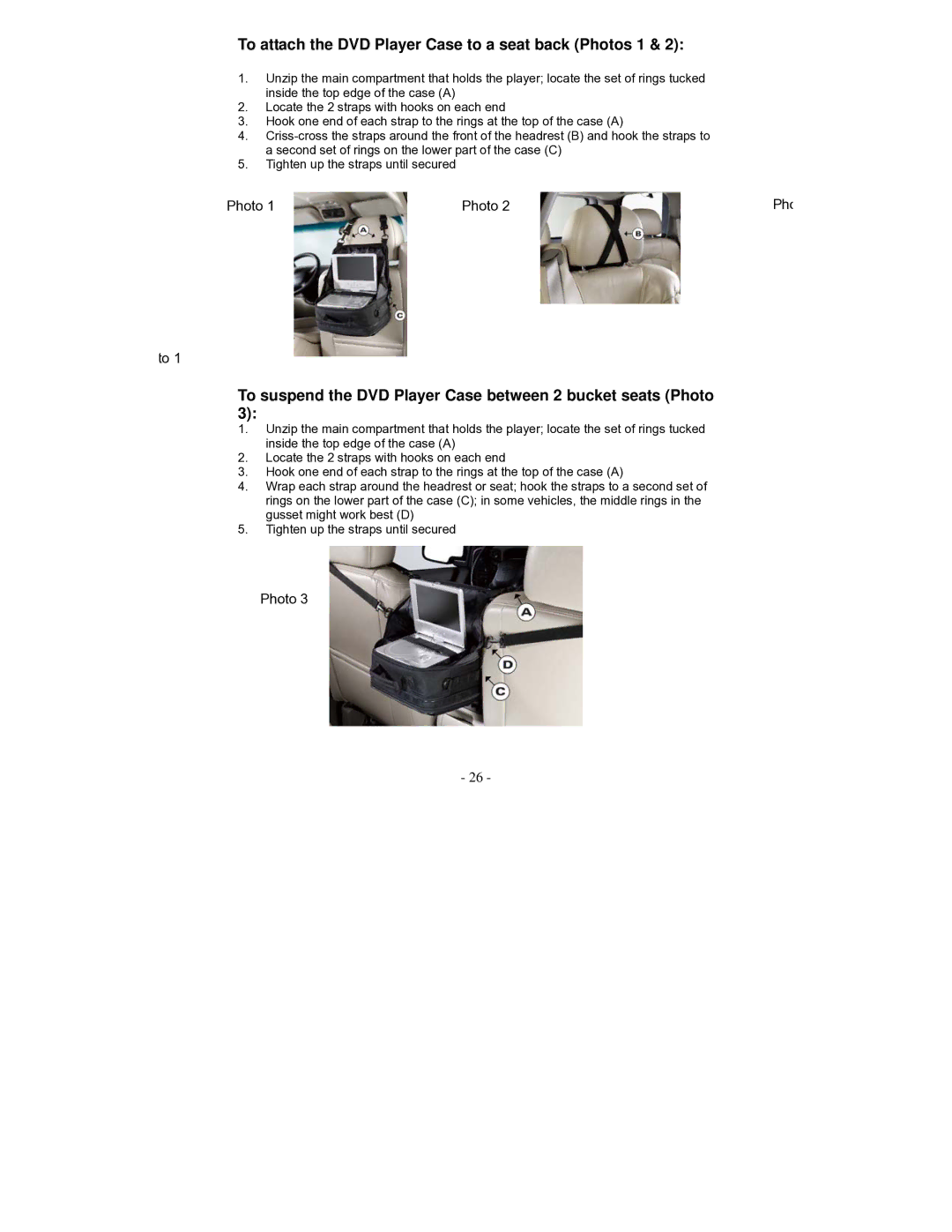 Polaroid PDV-0700K operation manual To attach the DVD Player Case to a seat back Photos 1 