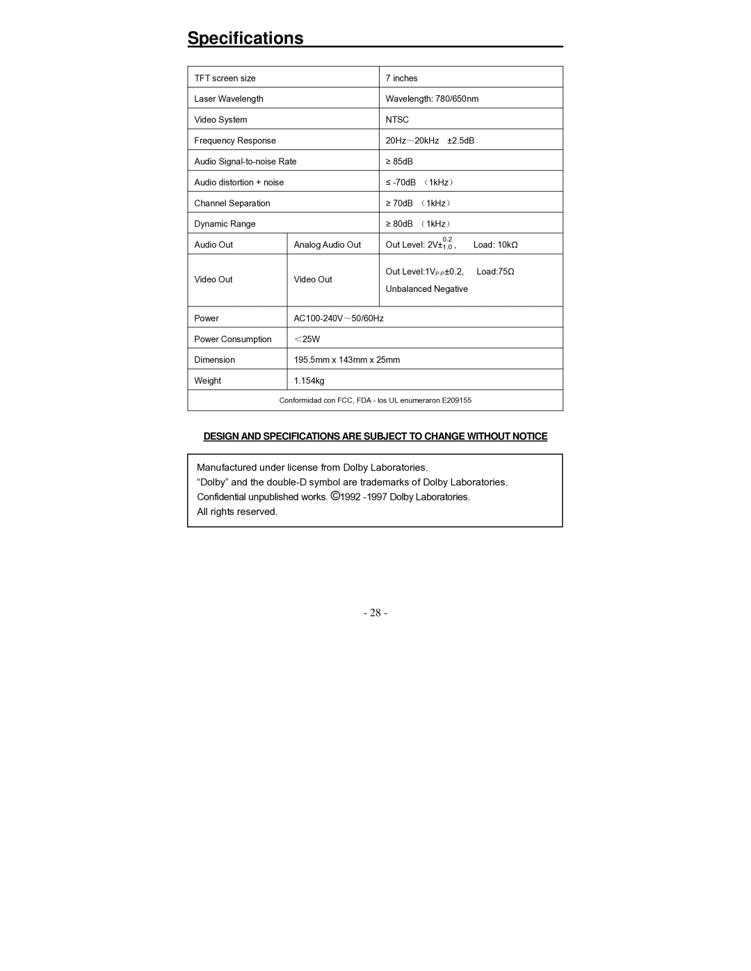 Polaroid PDV-0700K operation manual Specifications, Ntsc 