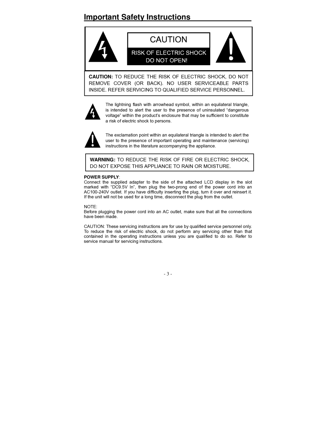 Polaroid PDV-0700K operation manual Important Safety Instructions, Power Supply 