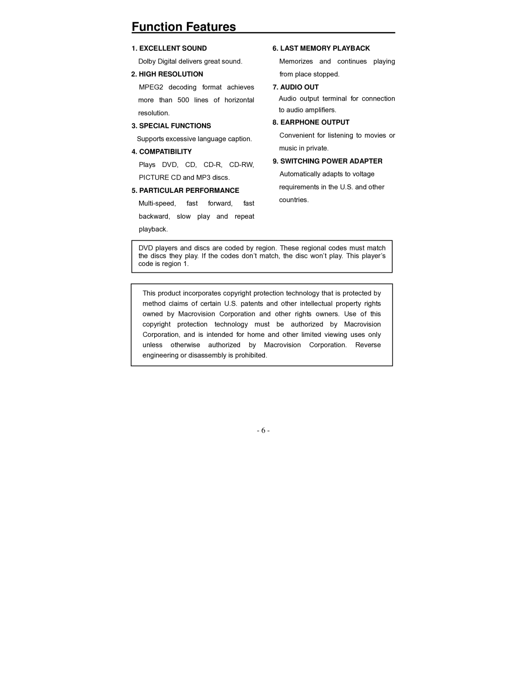 Polaroid PDV-0700K operation manual Function Features 